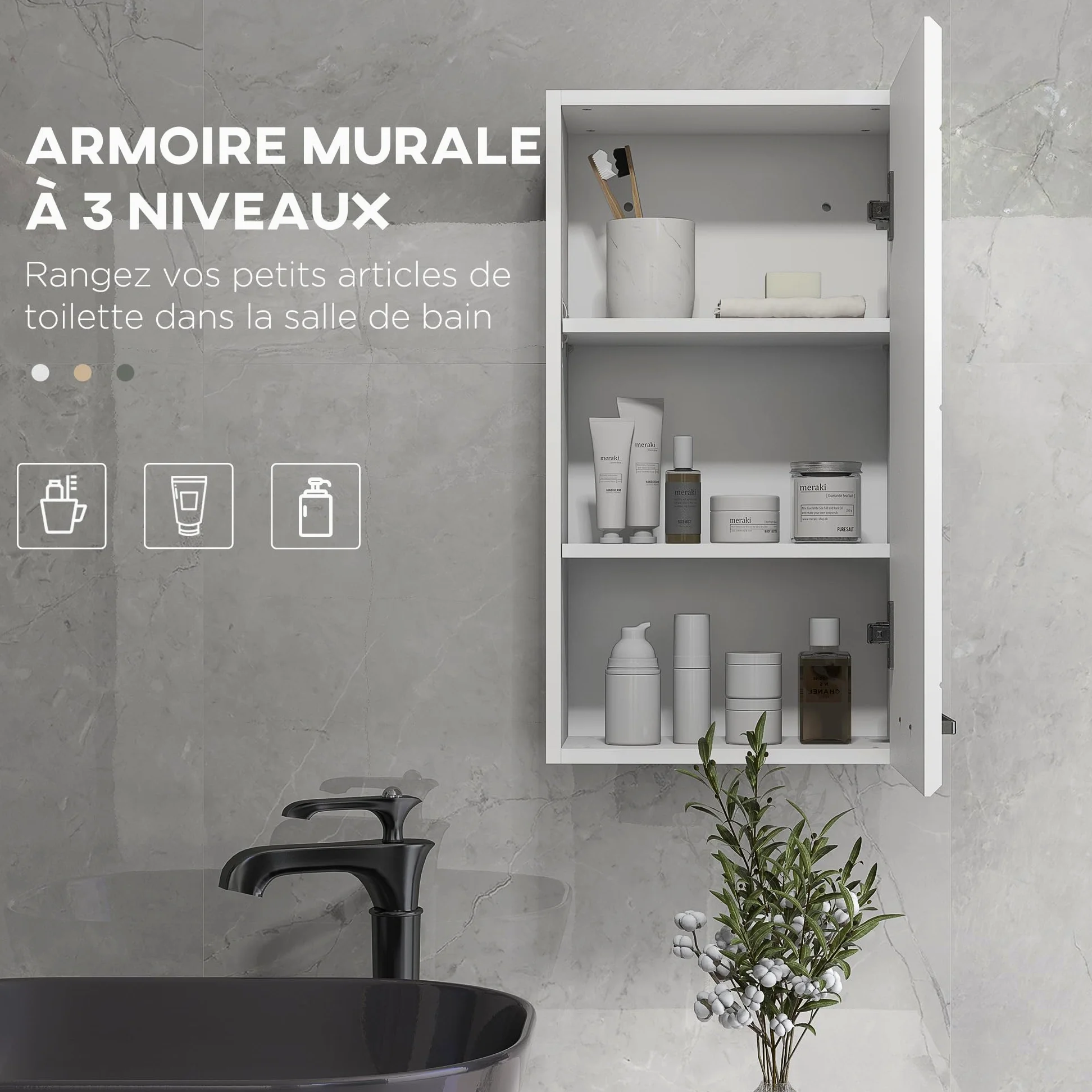 kleankin Armoire Murale de Salle de Bain, Placard de Rangement Toilette 3 Niveaux, étagère réglable, 1 Porte, Moderne, Armoire Suspendue, 37 x 22,5 x 70 cm, Blanc Haut Brillant