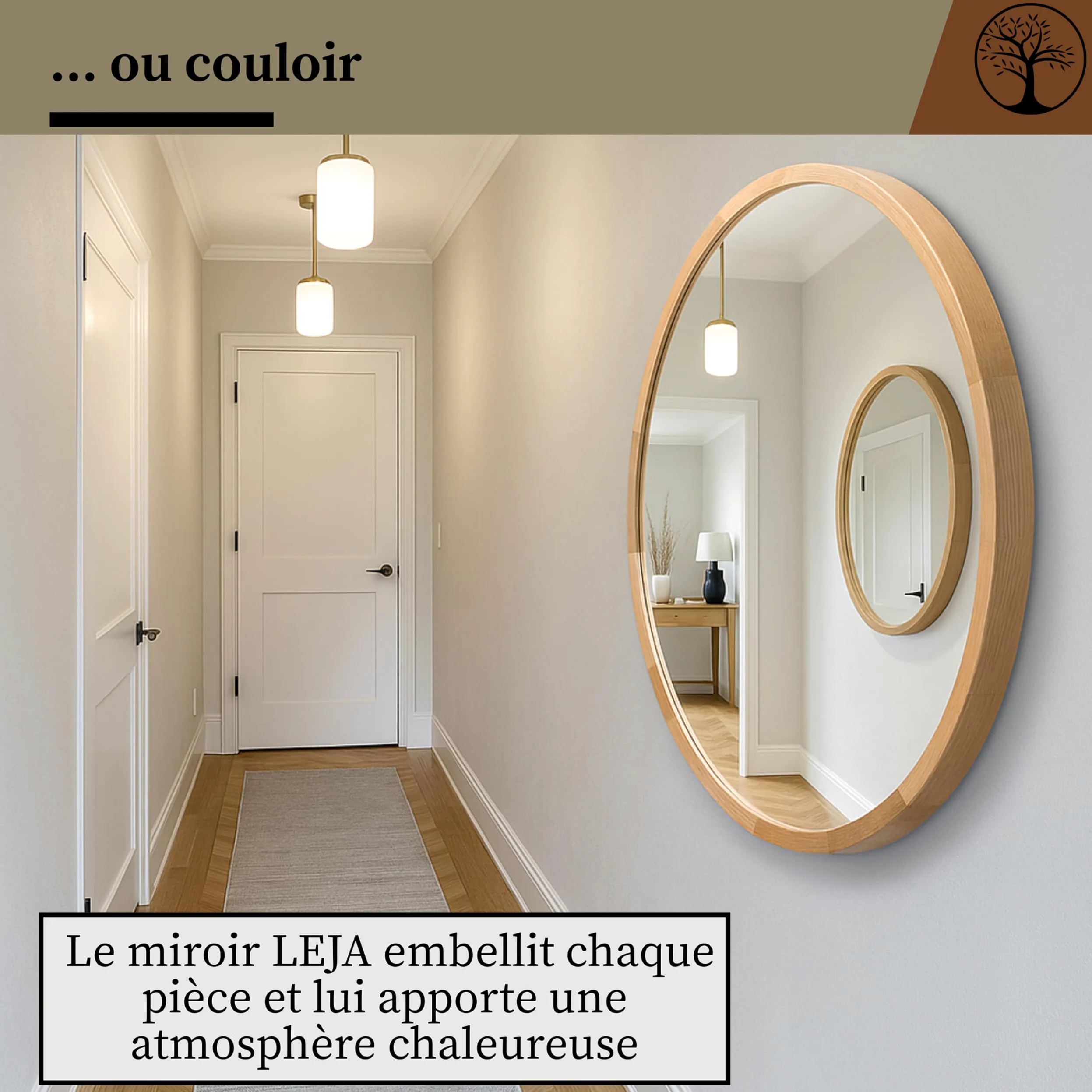 LEJA – Miroir Mural Rond, Cadre en Bois (∅80 cm), chêne – pour Salle de Bain, entrée, Salon, Chambre