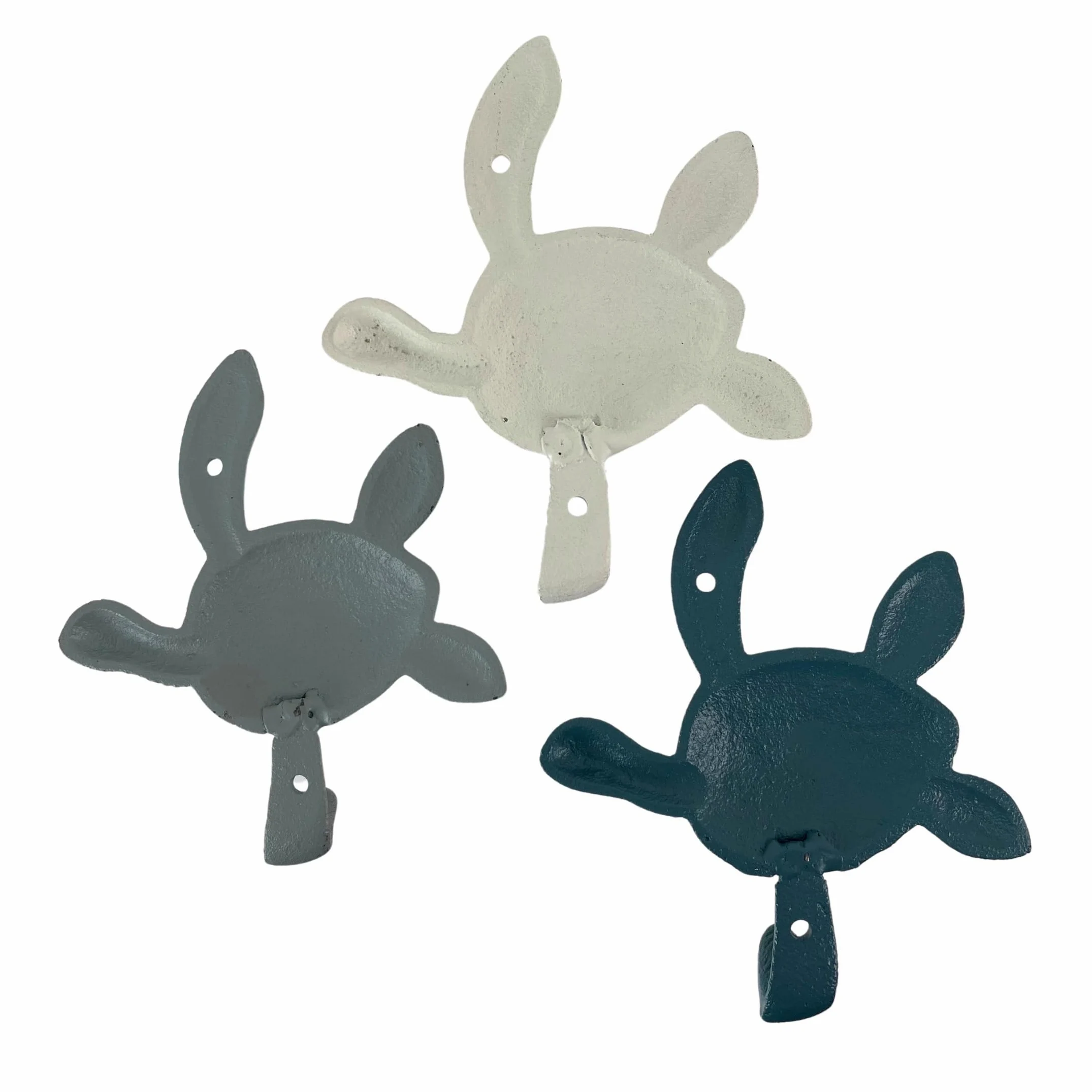 Zeckos Ensemble de crochets muraux décoratifs en fonte - Motif tortue de mer - Bleu côtier - Finition grise et blanche - Idéal pour clés, serviettes, manteaux légers, intérieur/extérieur