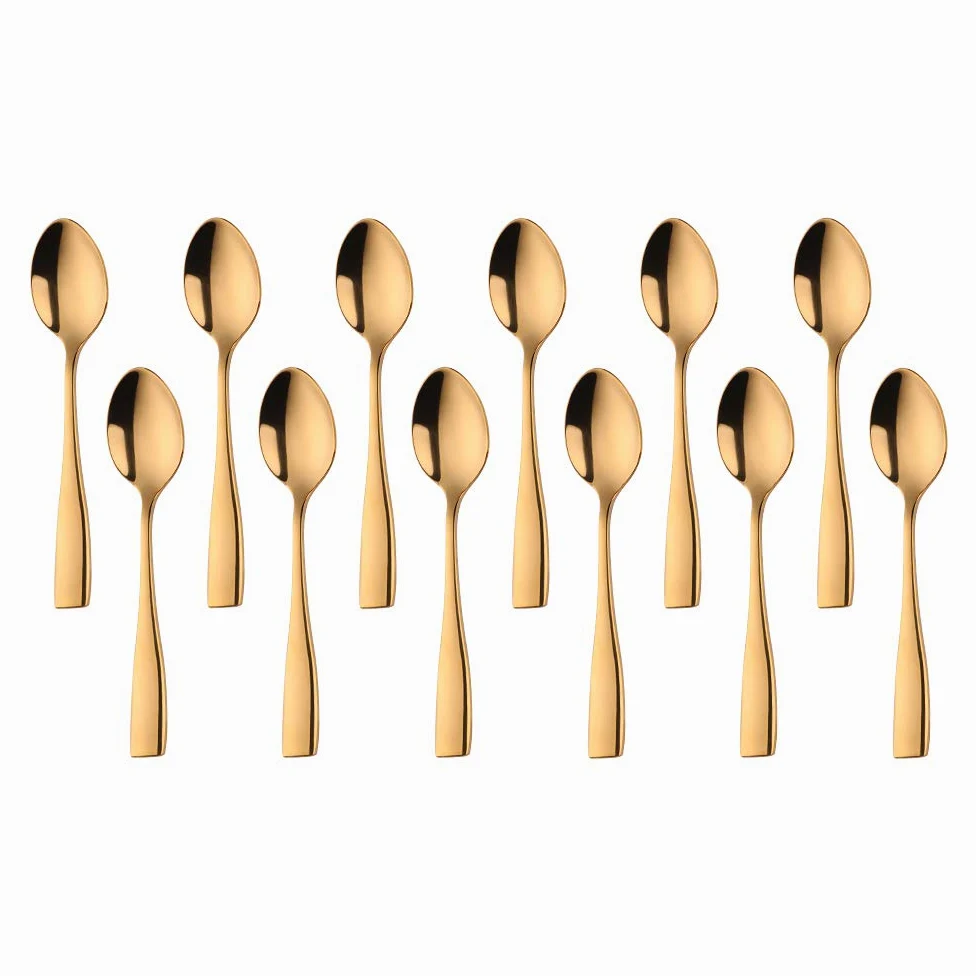 SUNSHENGEUR Lot de 12 mini cuillères à café en acier inoxydable, doré, 10,9 cm, motif autographe