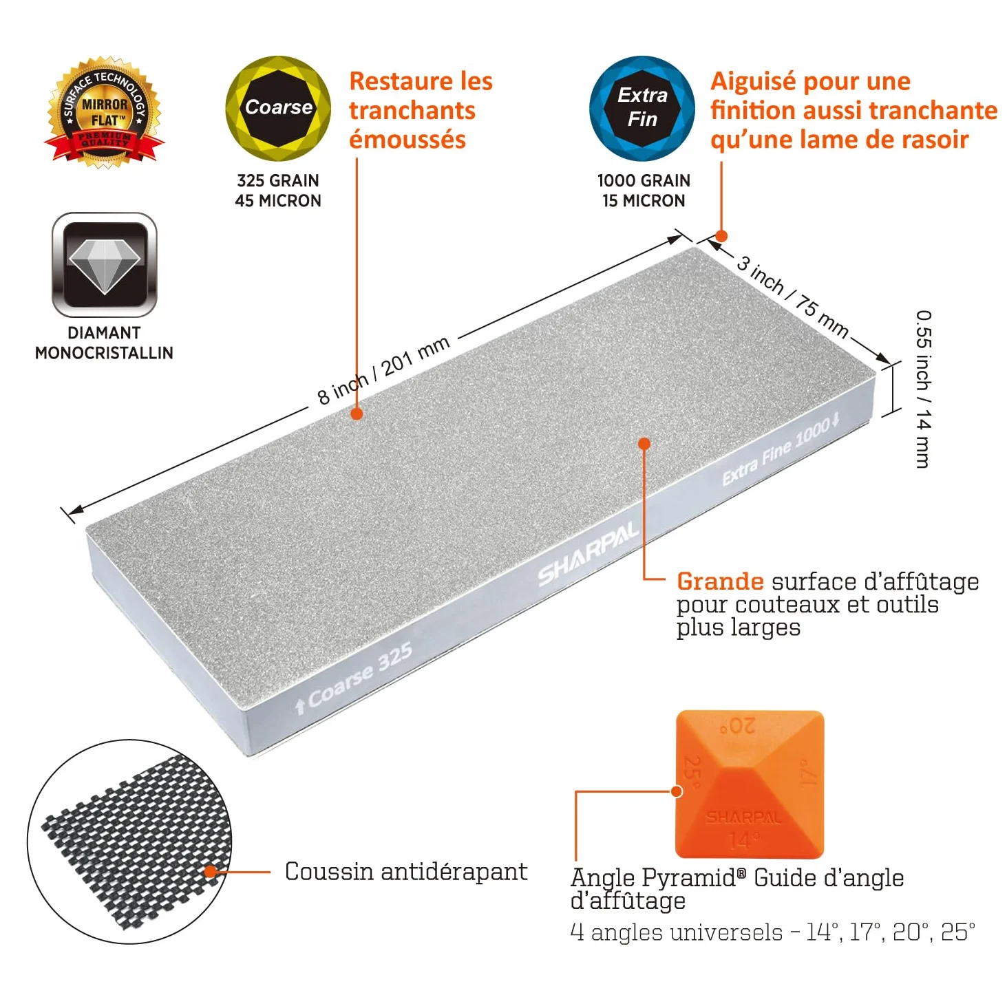 SHARPAL 168H Pierre à Aiguiser Diamant Dual-Grit 201 x 75 mm – Gros Grain 325 & Grain Extra-Fin 1000 Monocristallin, Pierre à Affûter Professionnelle avec Guide d'Angle et Semelle Antidérapante