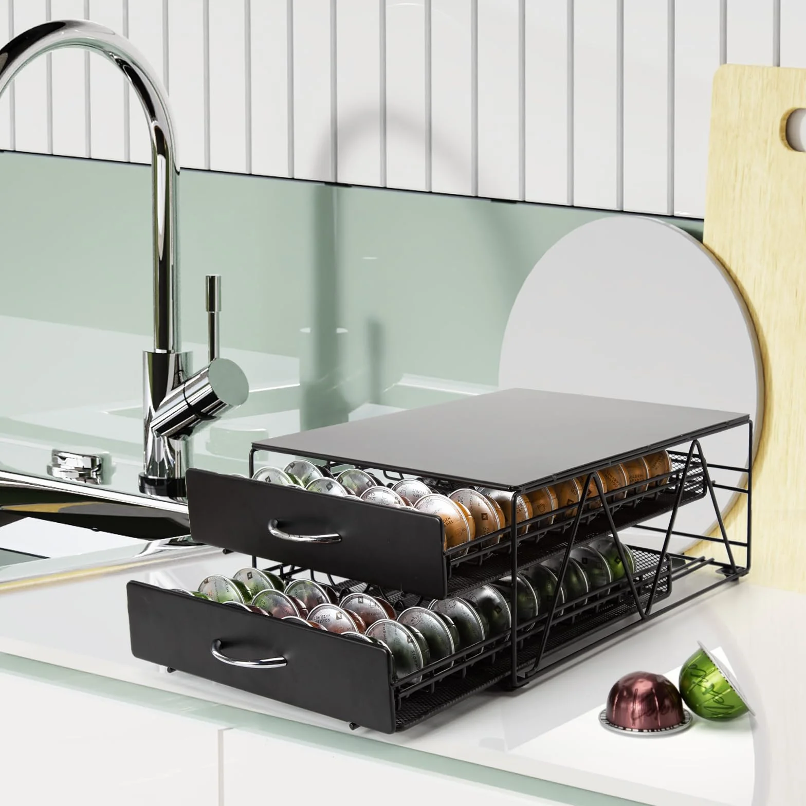 Porte Capsule pour 80 Vertuo Capsules, Support de Machine à Café avec 2 Tiroirs de Rangement Dosettes, Boite Range Dosettes Vertuo,Distributeur/Organisateur Capsules en Métal.