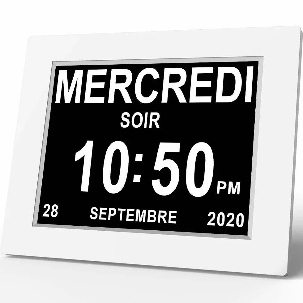 SINOIDEAS 8" Pouce LCD Horloge Numérique Calendrier avec Date Jour Et Heure Non-Abrégée Auto Dimming 8 Langues HD Display Rappel pour Alzheimer Les Personnes âgées et Les Enfants