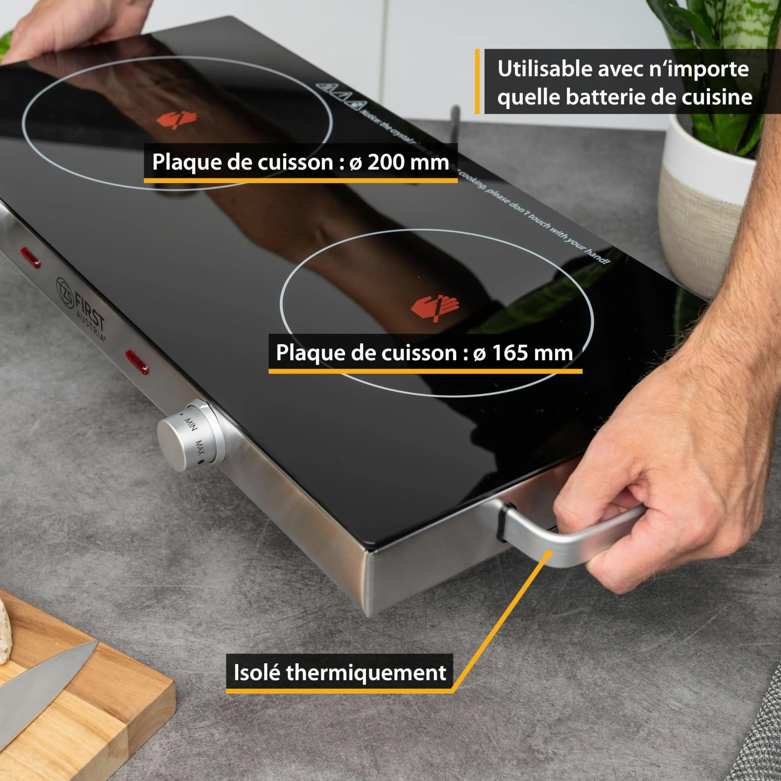 TZS First Austria - Plaque de cuisson double infrarouge vitrocéramique TOUS types de casseroles 2800W - Mini réchaud électrique pour déménagement, camping & maison - Réglage continu et témoin contrôle