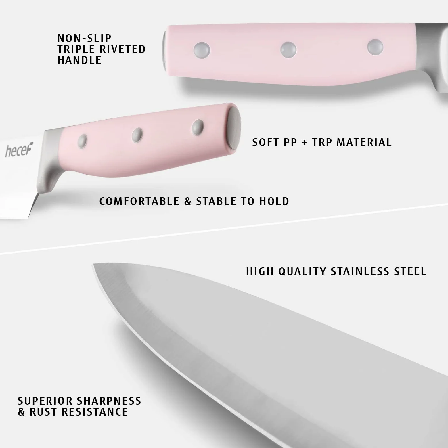 hecef Couteau Cuisine, Porte Couteaux de Cuisine 14 Pièces, Ensemble Couteaux de Cuisine en Acier Inoxydable avec Bloc en Bois, Couteaux de chef Professionnels - Plus de Choix de Couleur (Rose)