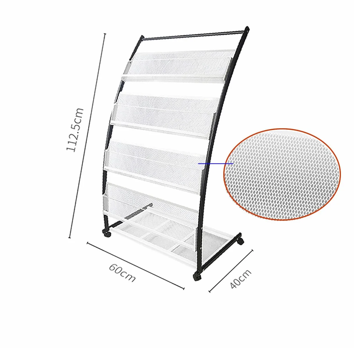 TUKA-i-AKUT Support de Sol à Revues, Porte-revues avec 4 Roues + 4 Étagères, Présentoir sur Pied à Littérature Livres Journaux Brochures Magazines Revues, en Acier Inoxydable, 60x40x113CM TKD8692