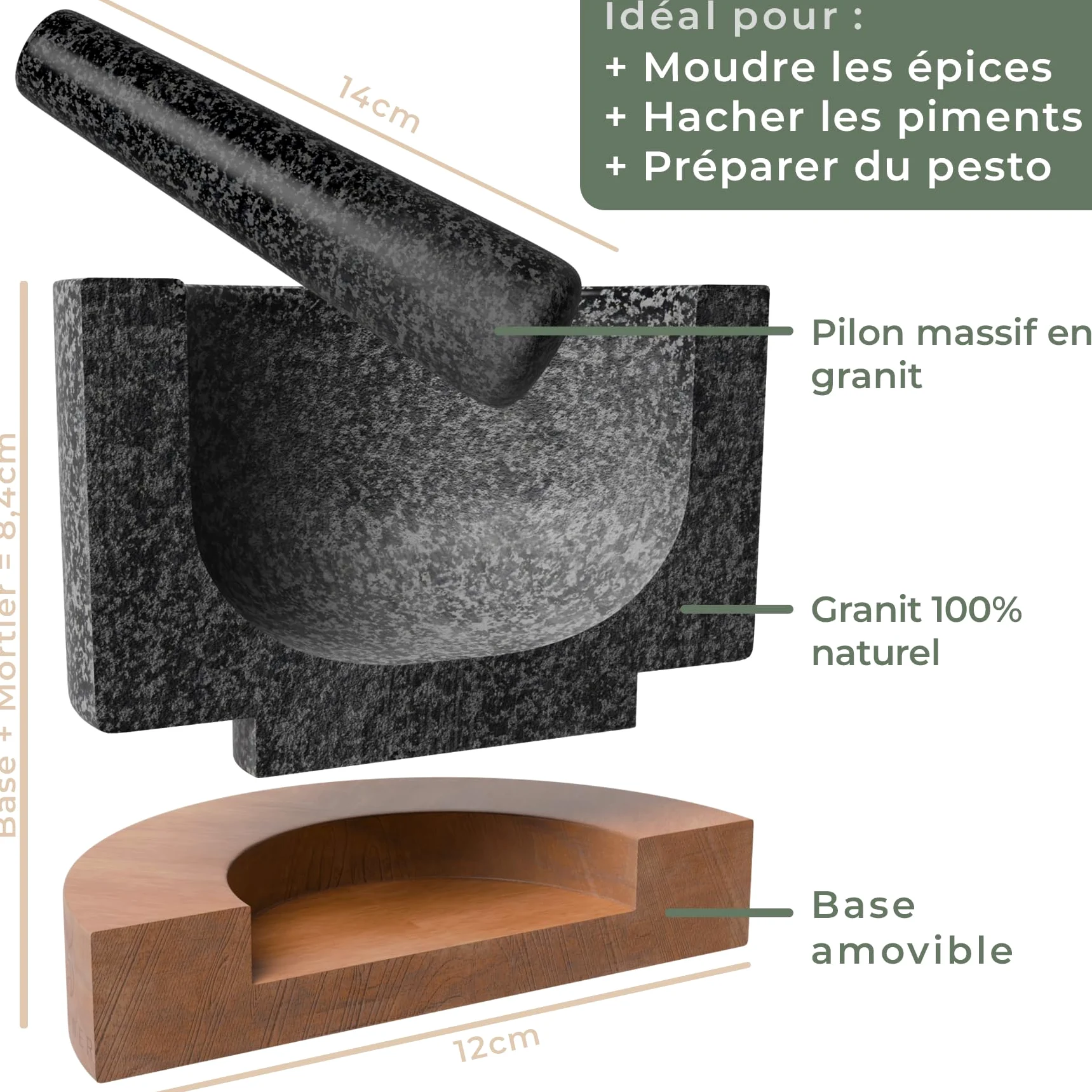 WALDWERK Mortier avec Pilon pour Cuisine (diamètre de 12 cm) - Mortier avec Base en Bois d’Acacia Élégante et Solide - Pilon du Mortier Extra Long en Granit Naturel