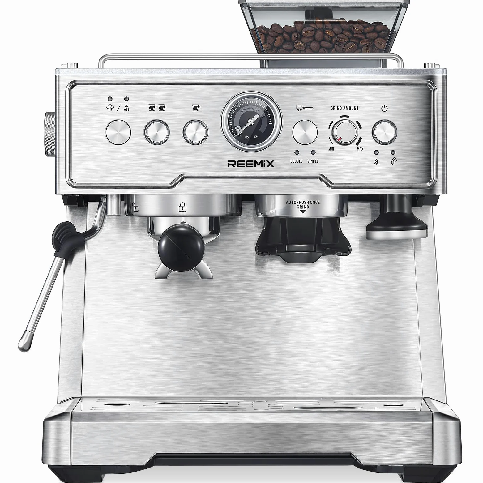 Reemix Machine à Expresso avec Porte-Filtre, Machine à Café 20 Bars avec Moulin Intégré et Mousseur à Lait, 1350 W, Réservoir de 2,8 l, Acier Inoxydable/Argenté, Kit Barista (54 mm Porte-Filtre)