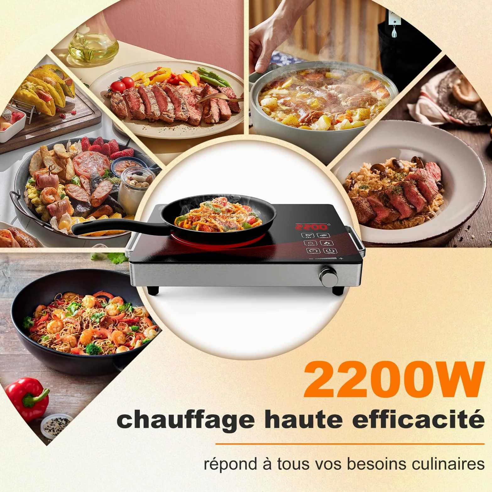 Plaque Vitrocéramique 1 Feu 2200W, Portable Plaque Électrique avec Minuterie, Verrouillage de Sécurité, Commande Bouton, Cuisson Sans Flamme, Surface en Verre Noir