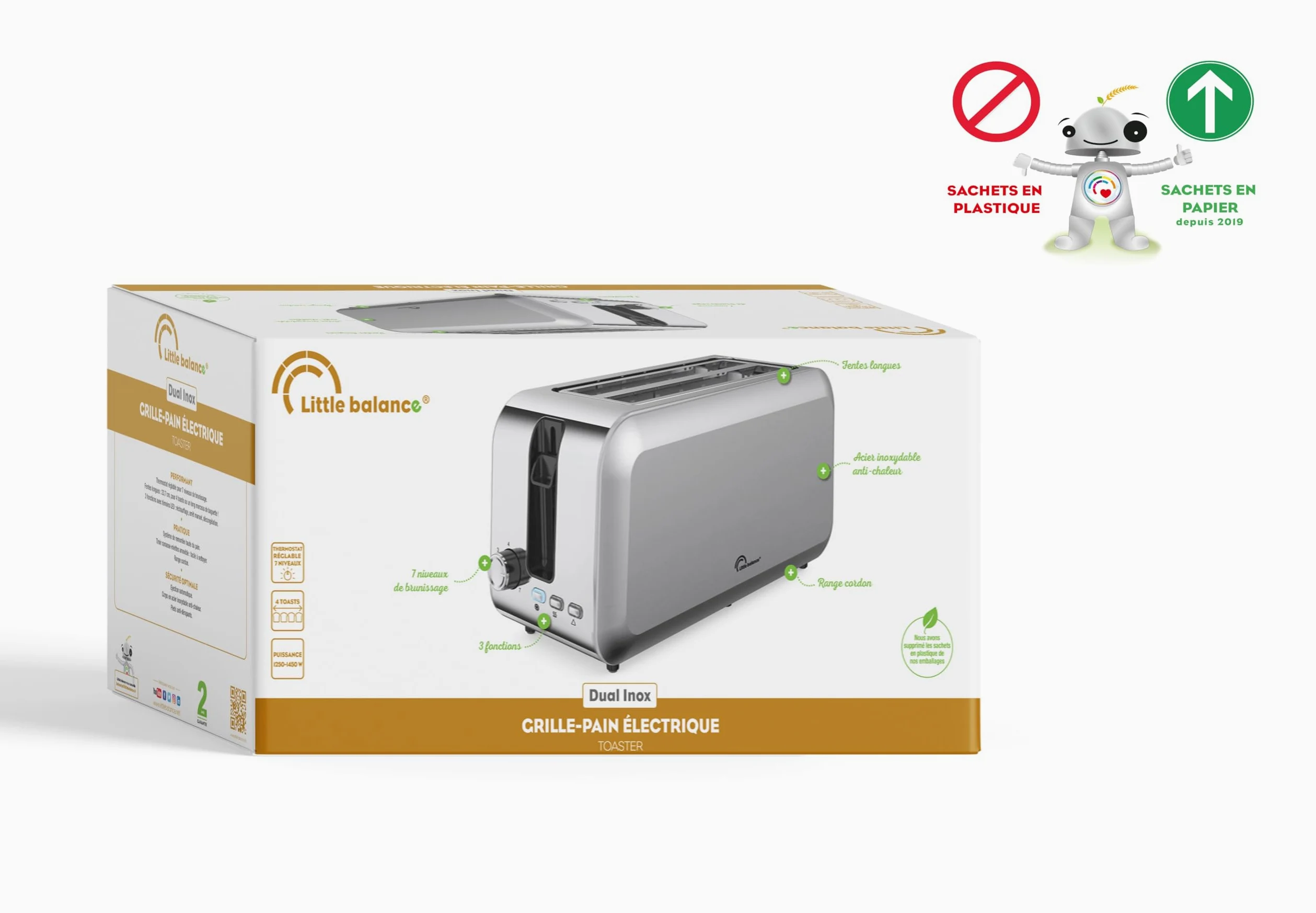 LITTLE BALANCE 8697 Dual Inox, Grille pain Toaster, 2 fentes longues pour 4 tranches de pain, Tiroir Ramasse-miettes, 1450 W, Tout Inox