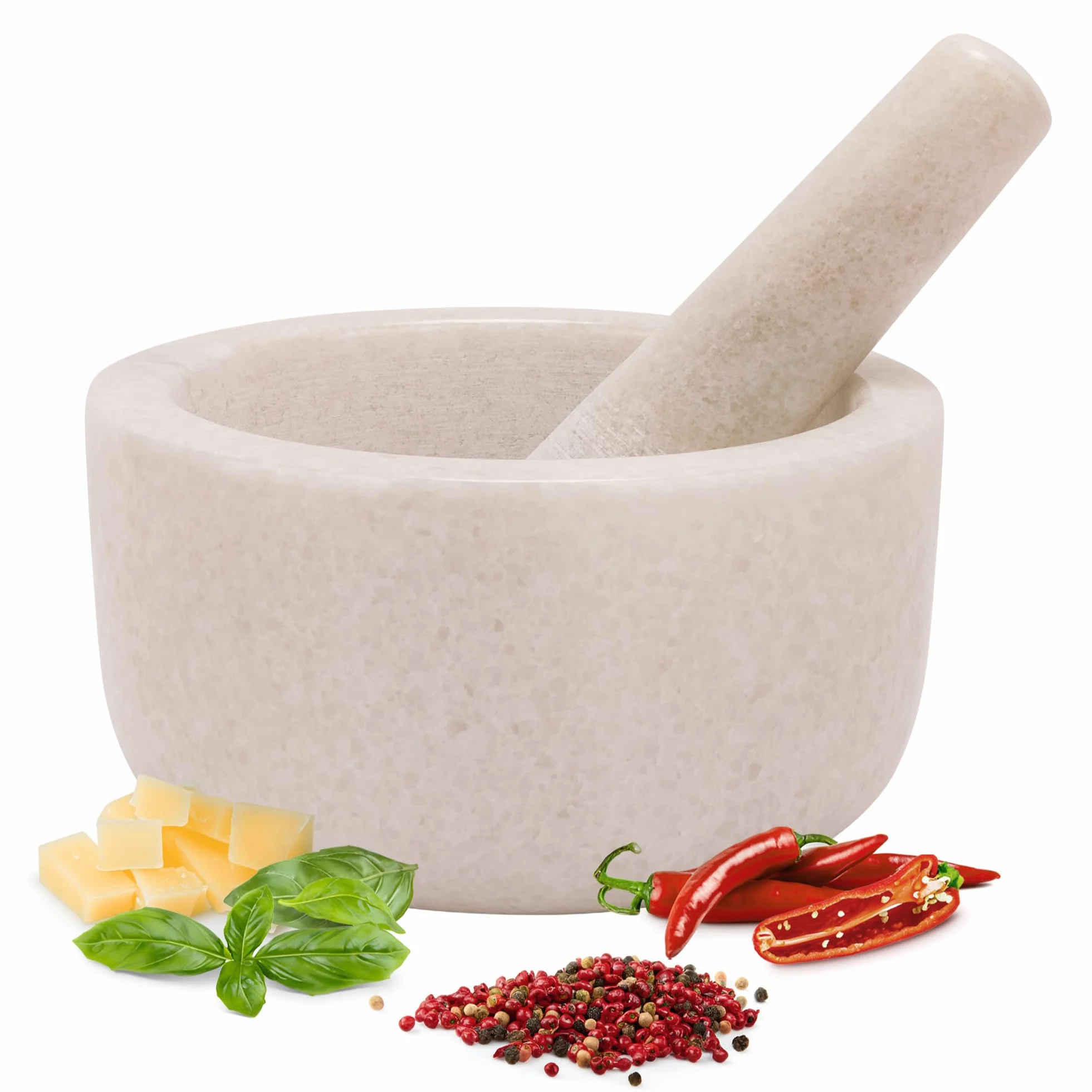 H&S Mortier Pilon Cuisine - Accessoire Cuisine en Marbre de 18 cm de Diamètre pour Broyage des Épices Guacamole Pesto Noix Mojito - Mortier et Pilon Concasseur a Grain Blanc