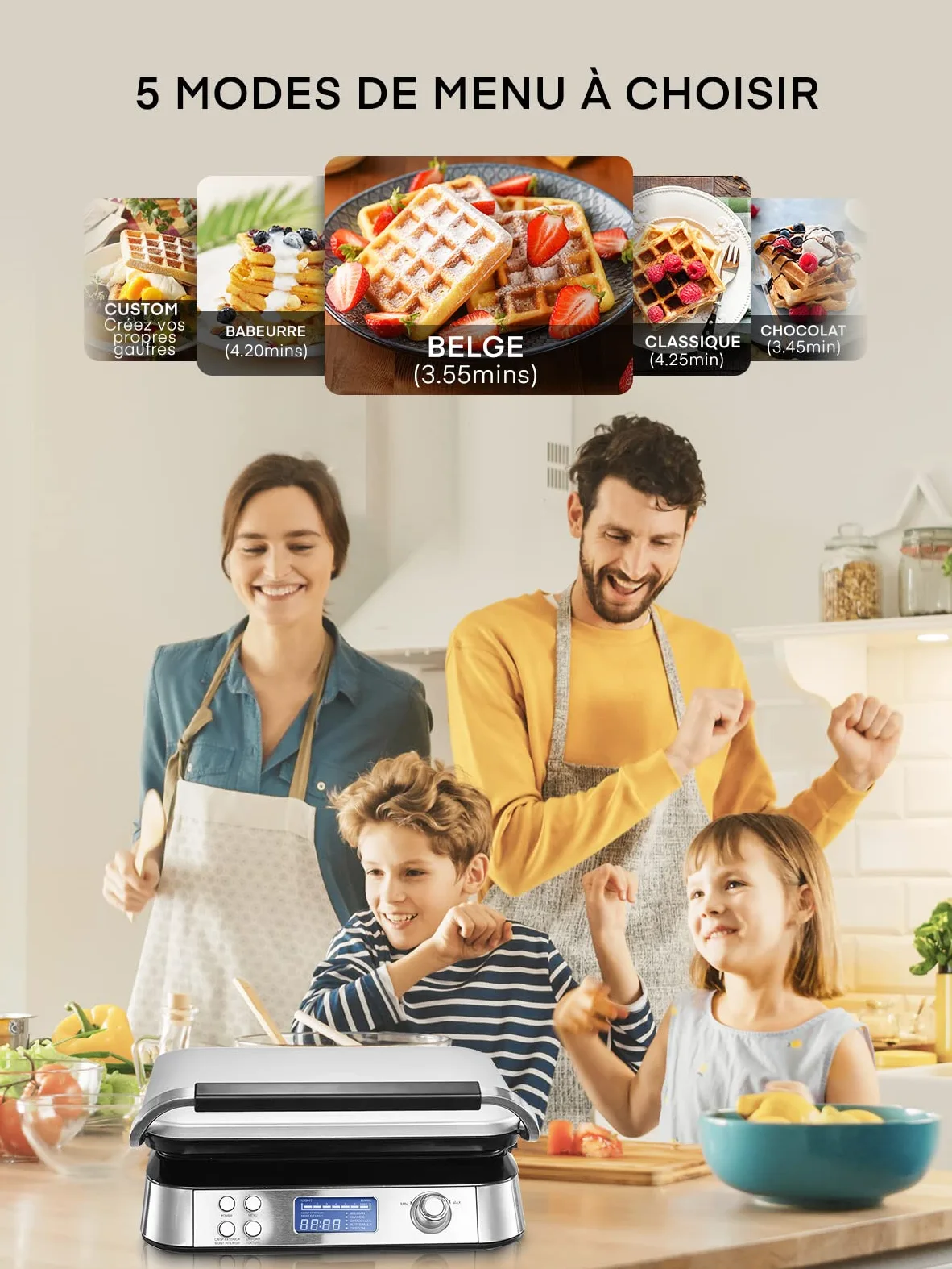 Gaufrier Gaufre Belge, Gaufrier Double Intelligent Pro Avec Affichage Led, 2 Tranches, 5 Programmes DifféRents, 7 Niveaux De Brunissage, Acier Inoxydable (Argent)
