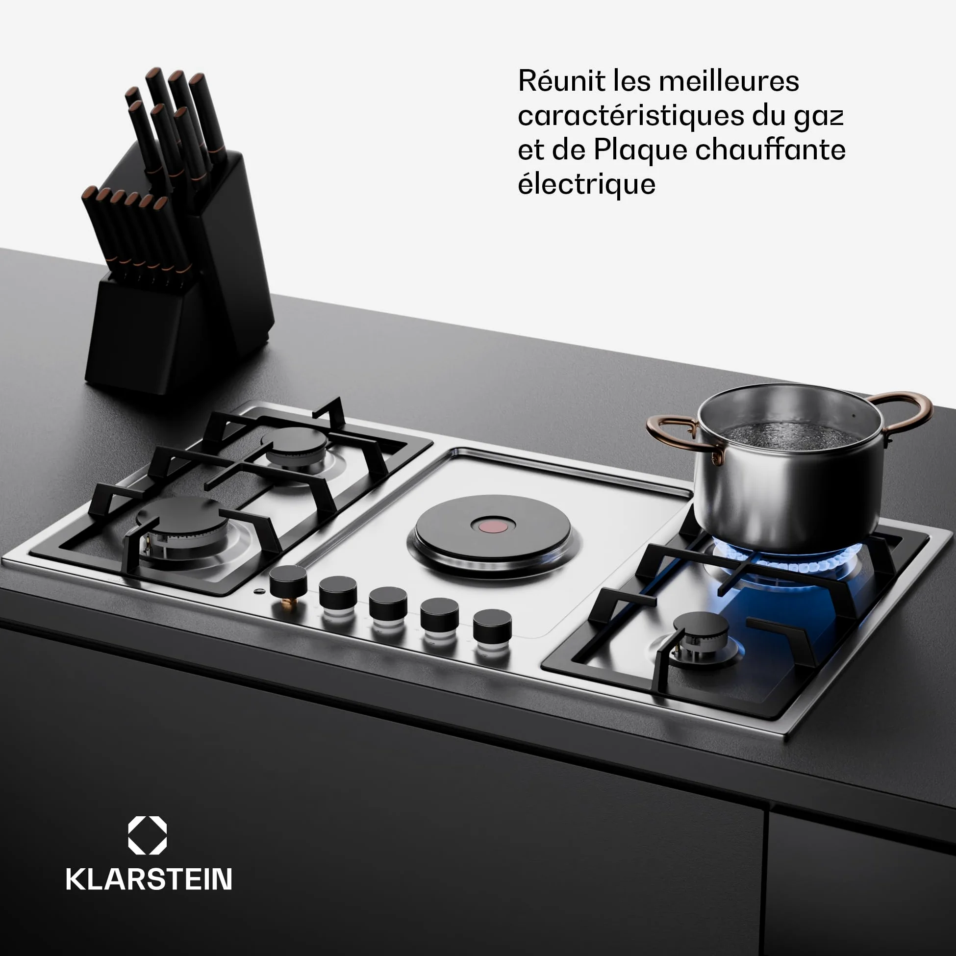 Klarstein MultiChef 5 Plaque De Cuisson Gaz Et Électrique, 4 Brûleurs Gaz & 1 Électrique, 10.1Kw, Acier Inoxydable, Allumage & Arrêt Automatique, Sécurité Enfants, Compacte 87X8X50Cm