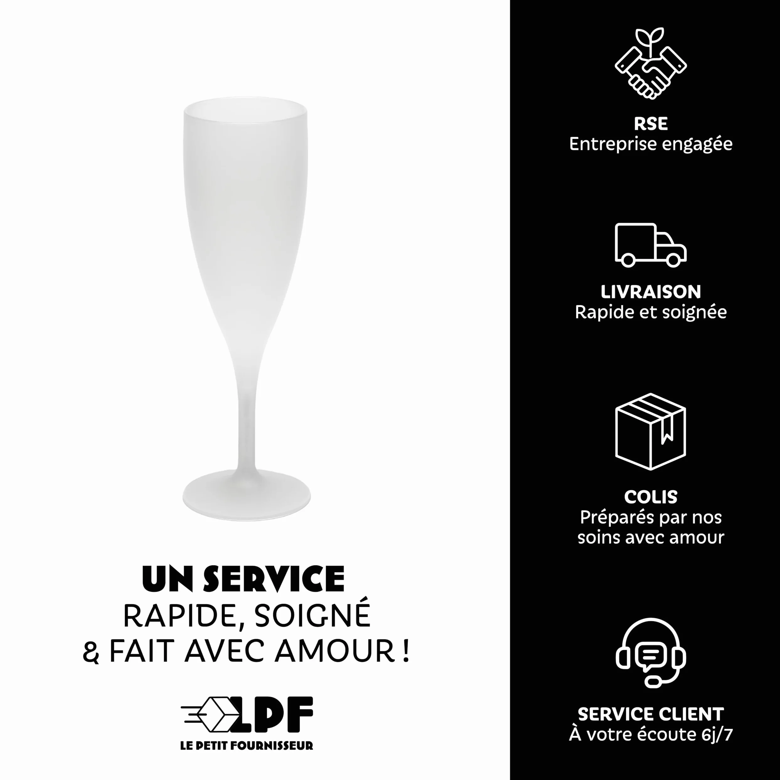 LPF LE PETIT FOURNISSEUR - Lot de 50 Flûtes à champagne réutilisables 12cl (15cl max) - Polypropylène plastique alimentaire - Verre à champagne durable - Compatible lave-vaisselle - Couleur givrée