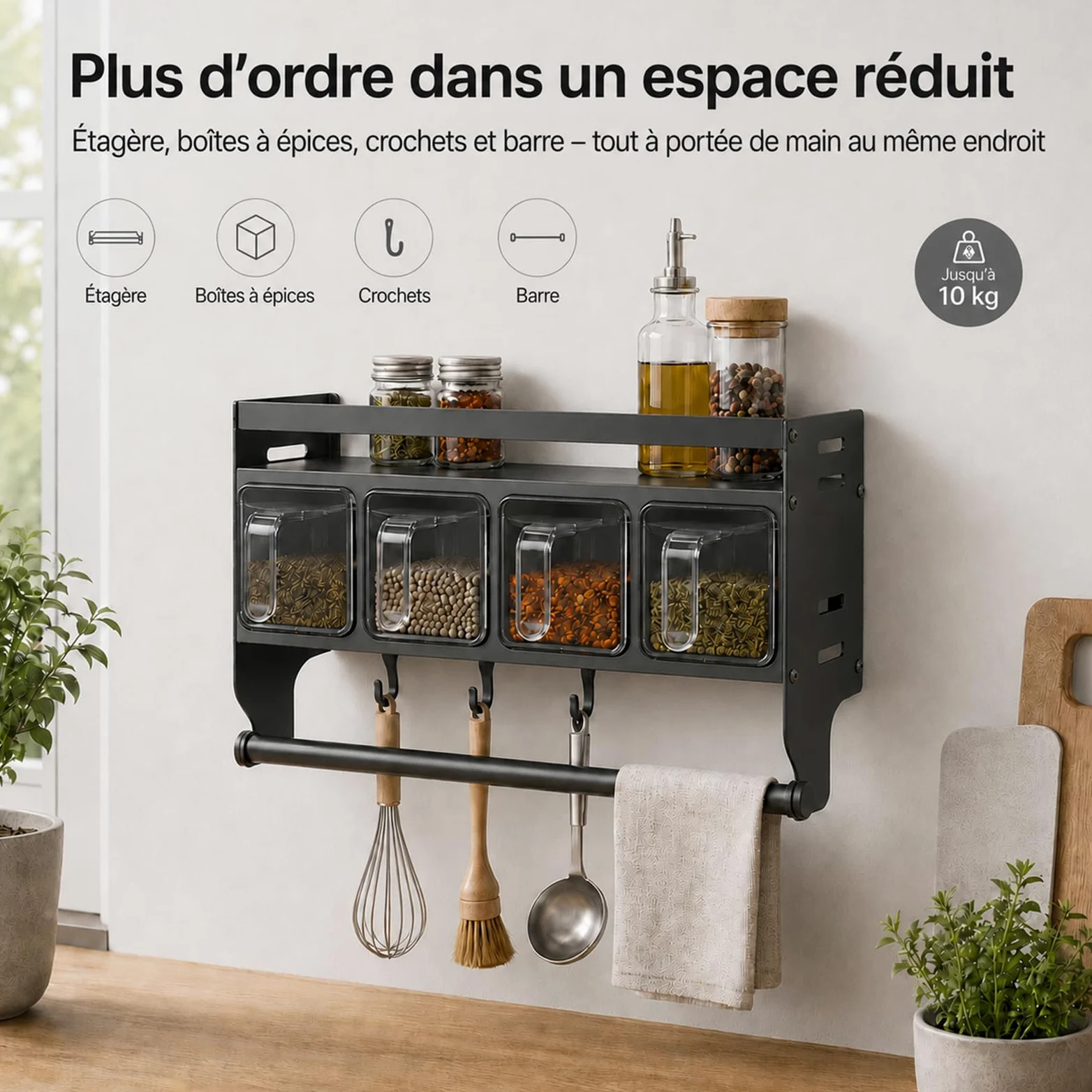 Porte-épices sans perçage, porte-épices pour cuisine à suspendre, avec porte-rouleau d'épices mural avec pots pour le stockage dans la cuisine d'épices,huile (avec 4 boîtes