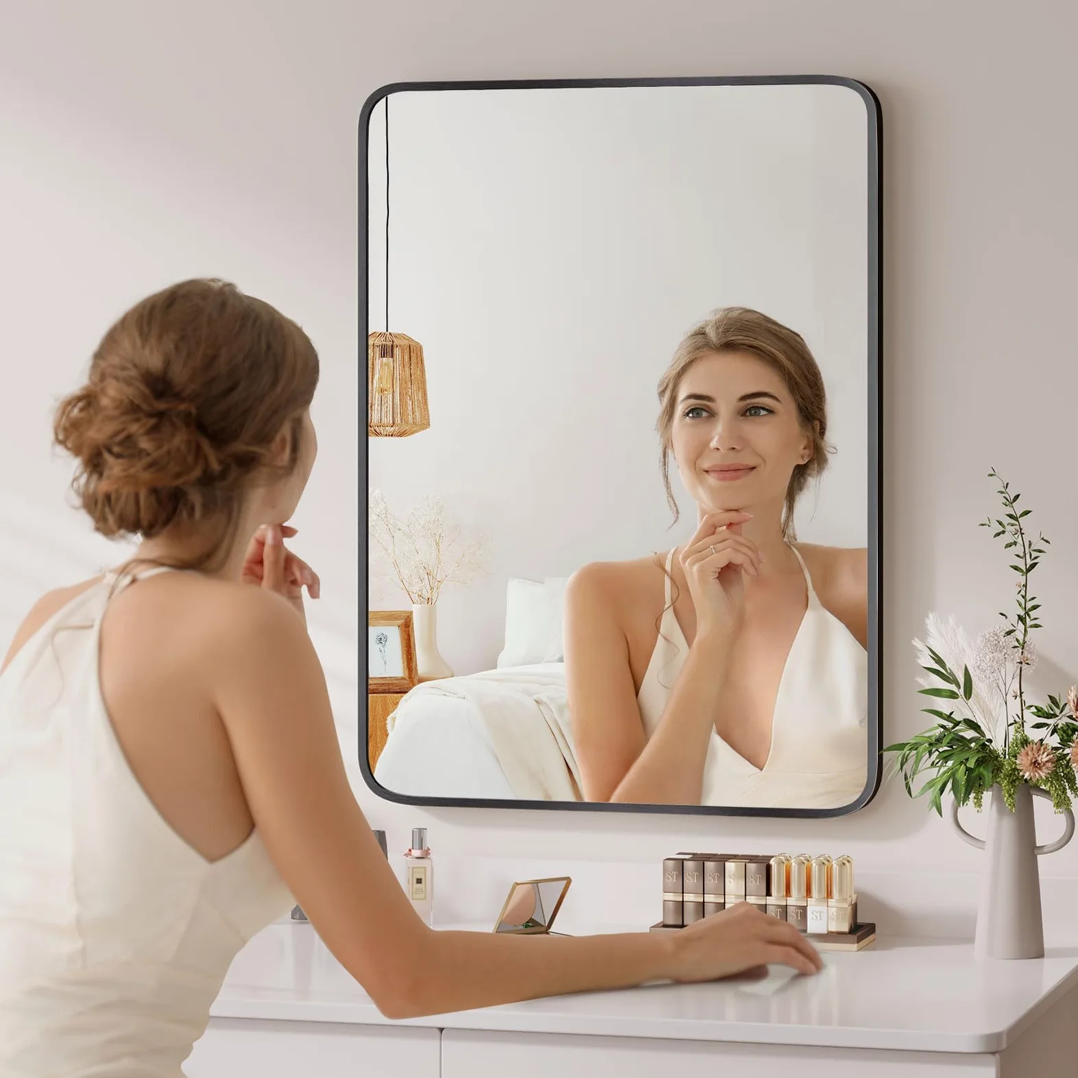 Dripex Miroir Salle de Bain 75x55cm Rectangulaire avec Cadre en Aluminium, Miroir Mural/Dressing/Salon Décoration HD Miroir de Maquillage (Noir)