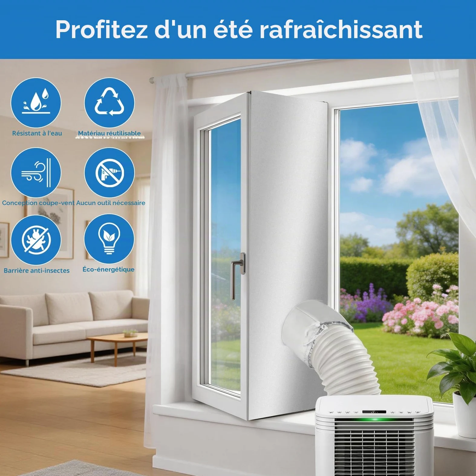 Kit Étanchéité pour Fenêtre 5M Qoosea, Climatiseur Mobile avec Bande Auto-Agrippante et Attaches, Sans Perçage pour Climatiseur Portable, Sortie Sèche-Linge, Fenêtres à Battant, Réutilisable
