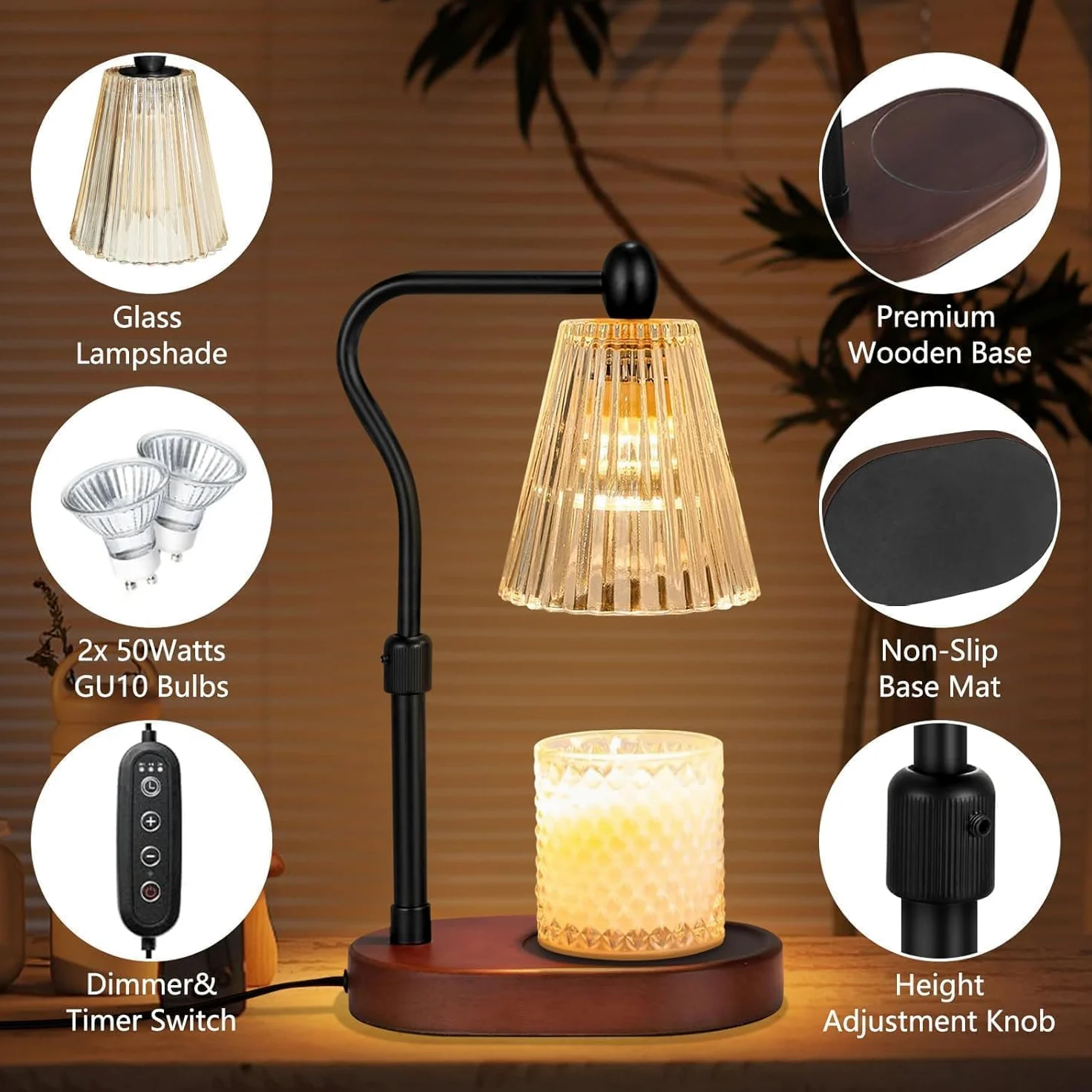 Loowoko Lampe Chauffe Bougie, Chauffage Bougie avec Minuterie et Variateur,Réglable en Hauteur,avec 2 Ampoules,Candle Warmer Lamp pour Bougies Parfumées en Verre, Maison, Chambre, Décoration