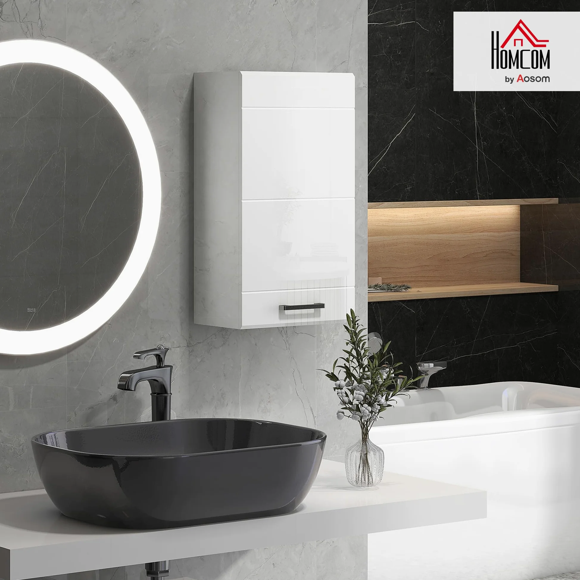 kleankin Armoire Murale de Salle de Bain, Placard de Rangement Toilette 3 Niveaux, étagère réglable, 1 Porte, Moderne, Armoire Suspendue, 37 x 22,5 x 70 cm, Blanc Haut Brillant