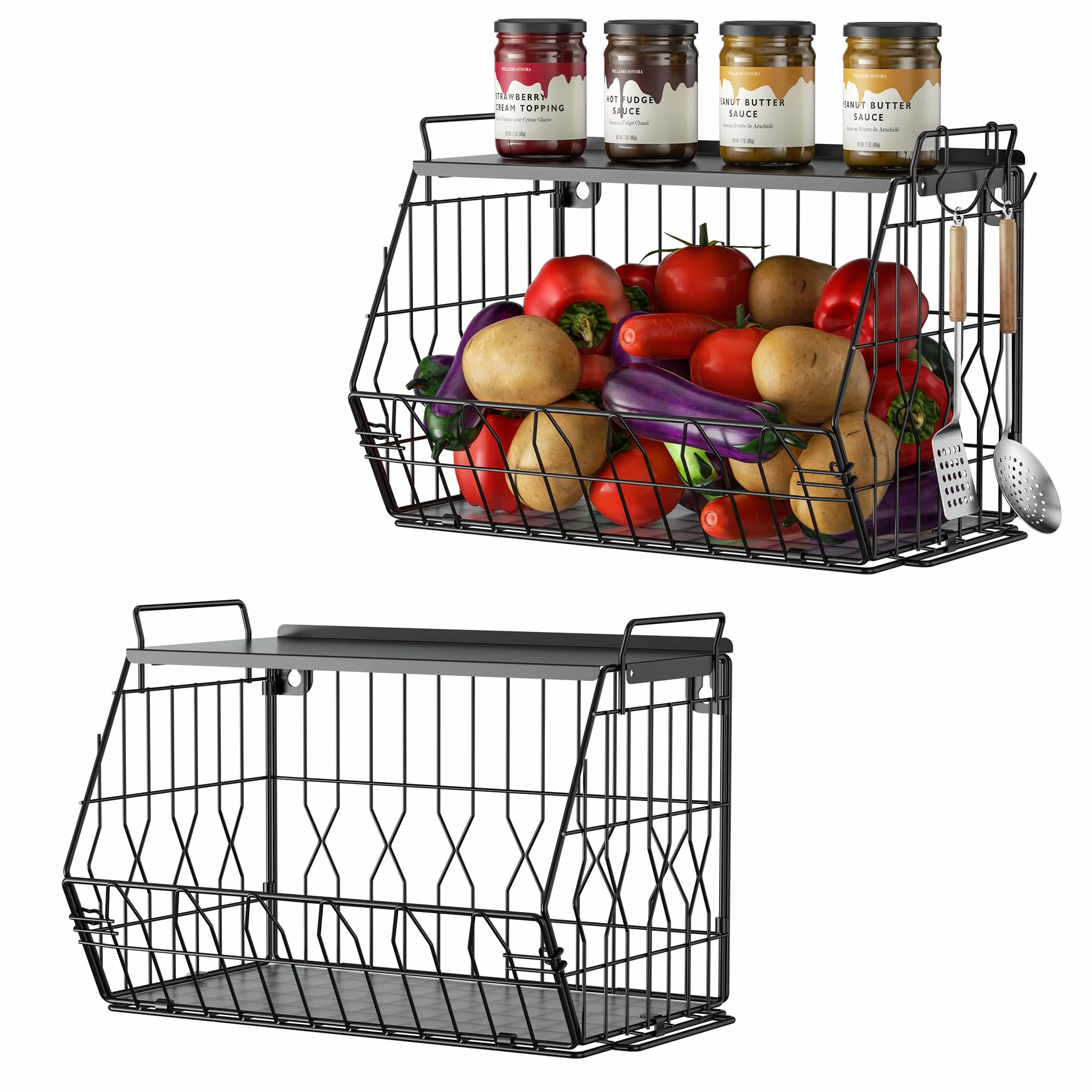 Ezprotekt Lot de 2 corbeilles à fruits empilables avec couvercles en métal, corbeilles à fruits, paniers à fruits empilables à fixation murale, paniers de rangement pour pommes de terre, oignons pour