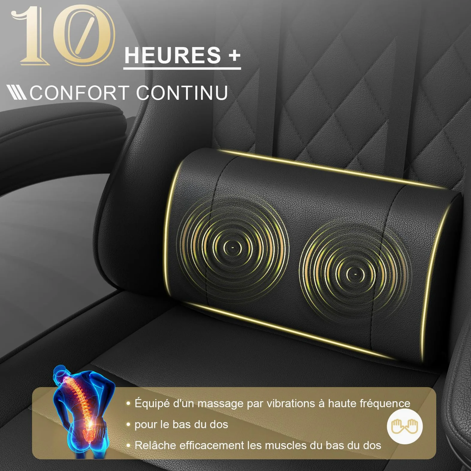 TRIUMPHKEY Chaise de Jeu Ergonomique avec Massage Lombaire, Fauteuil Gaming, Repose-Pieds Rétractable, Dossier Réglable, Confort Quotidien, Gaming et Bureau, Noir