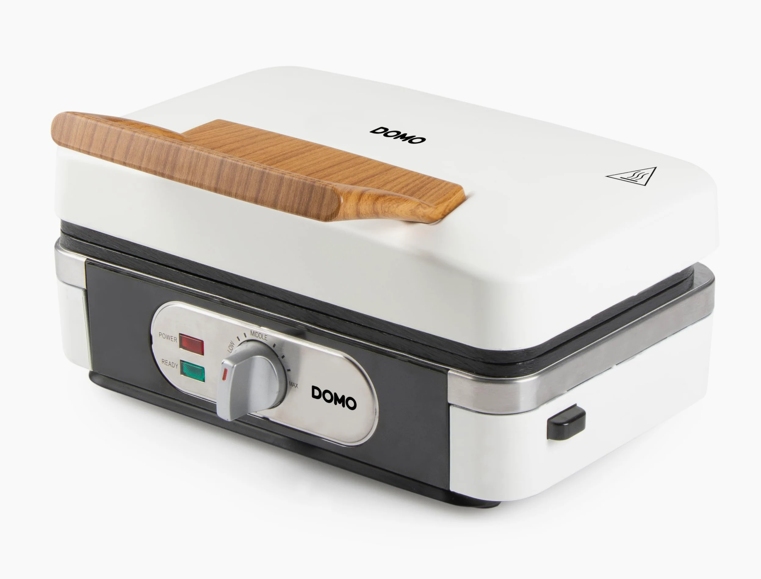 DOMO DO9277C Snackmaker 3 en 1 - Design de luxe en bois - PFAS FREE - Croque-Monsieur, Gaufrier et Gril - Pieds Anti dérapants - Plaques de cuisson interchangeables - 1100W - Blanc Poudré