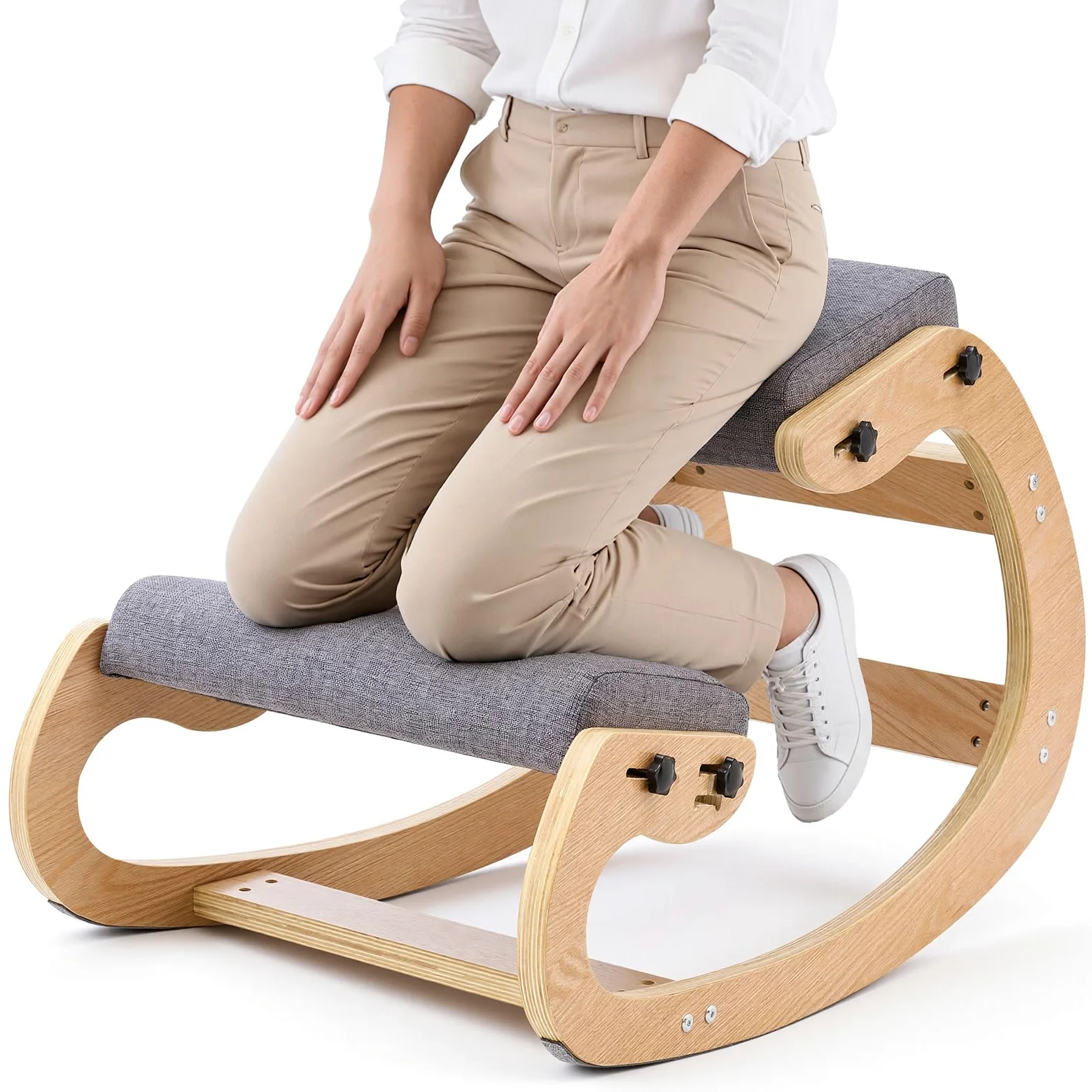 VEVOR Chaise à Genoux Ergonomique, Siège Assis Genoux Coussins en Mousse Épaisse, Réglables à 3 Niveaux, pour Maison Bureau Méditation, Cadre en Bois Massif, Soulage Tensions du Cou et du Dos, Grise