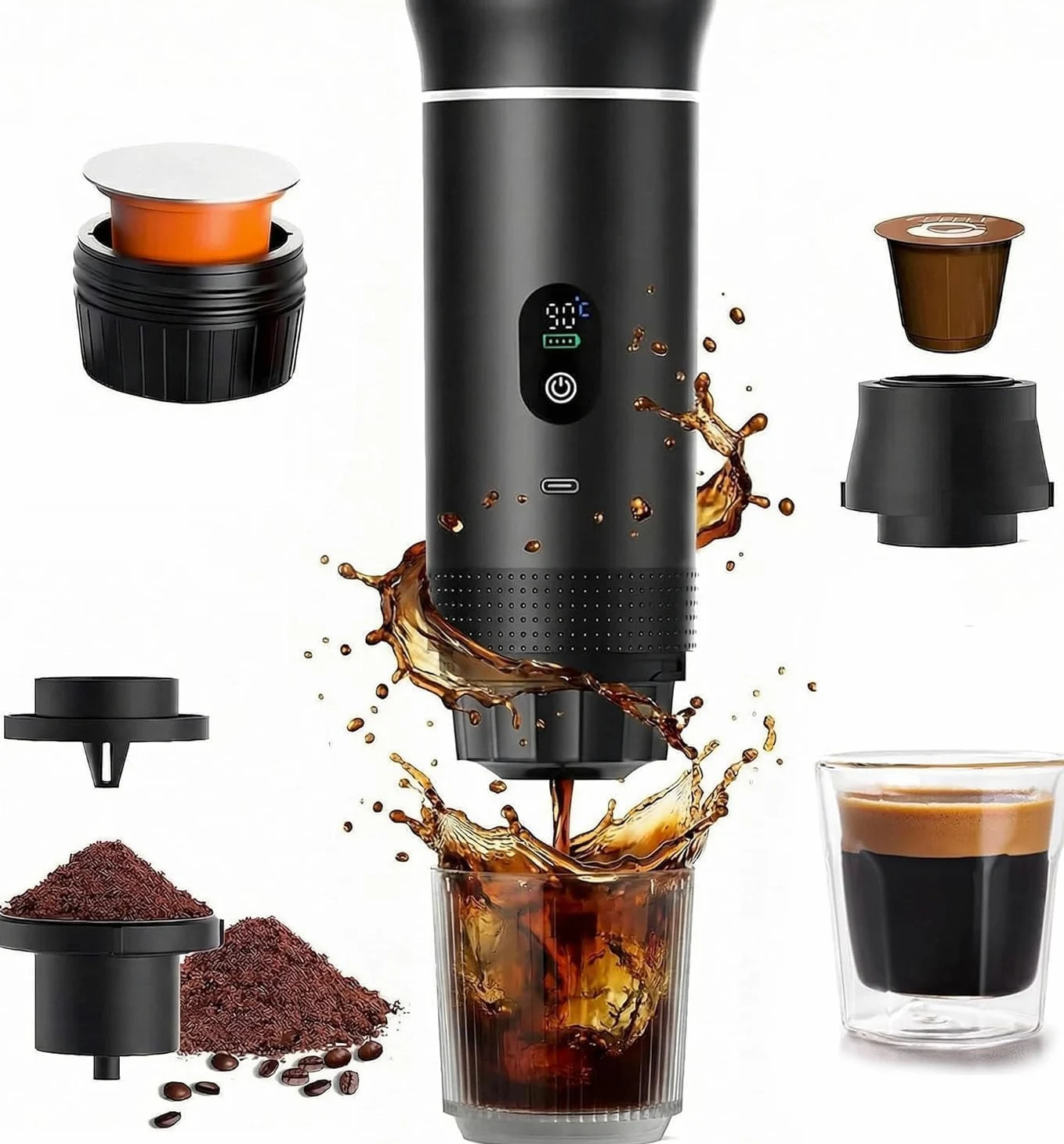 Machine à café électrique portable,Cafetière portable 3-en-1 avec auto-chauffage,Port de chargeur USB-C,Cafetière avec café moulu et capsule NS pour RV, camping, randonnée, bureau