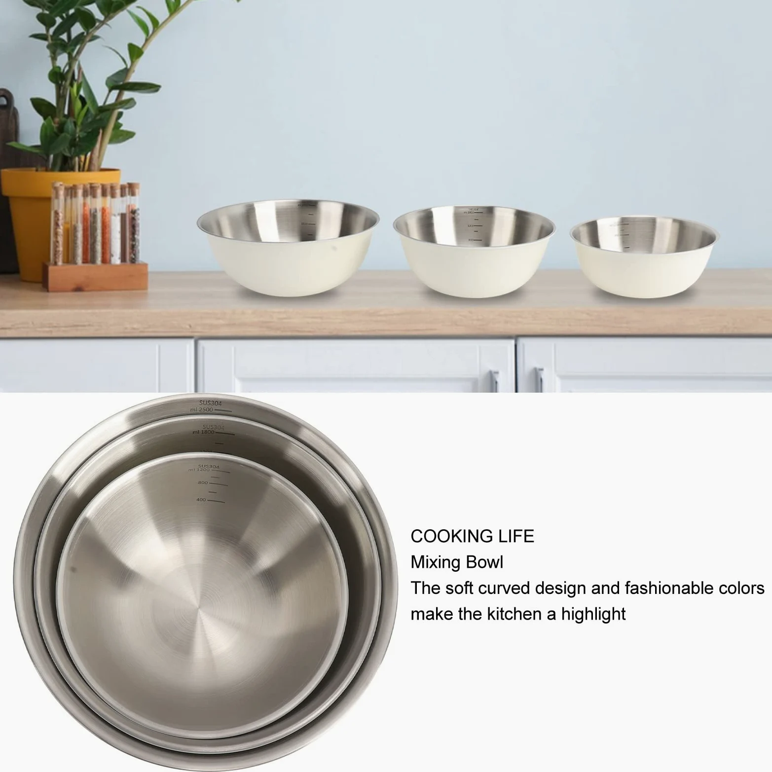 3 Pcs Bols à Mélanger avec Balance, Bassin à Salade Japonais en Acier Inoxydable Cuisson Pétrir la Pâte Bol à œufs Cuisine Organisateurs de Stockage des Aliments(Blanc)