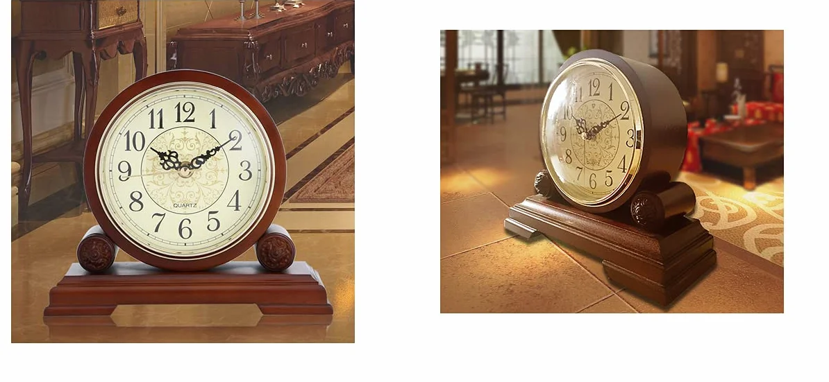 Horloge de Bureau en Bois Massif, Horloge de cheminée avec Surface en Bronze et Chiffres, Horloge à Quartz silencieuse, Horloge de cheminée 23cm Long Brown