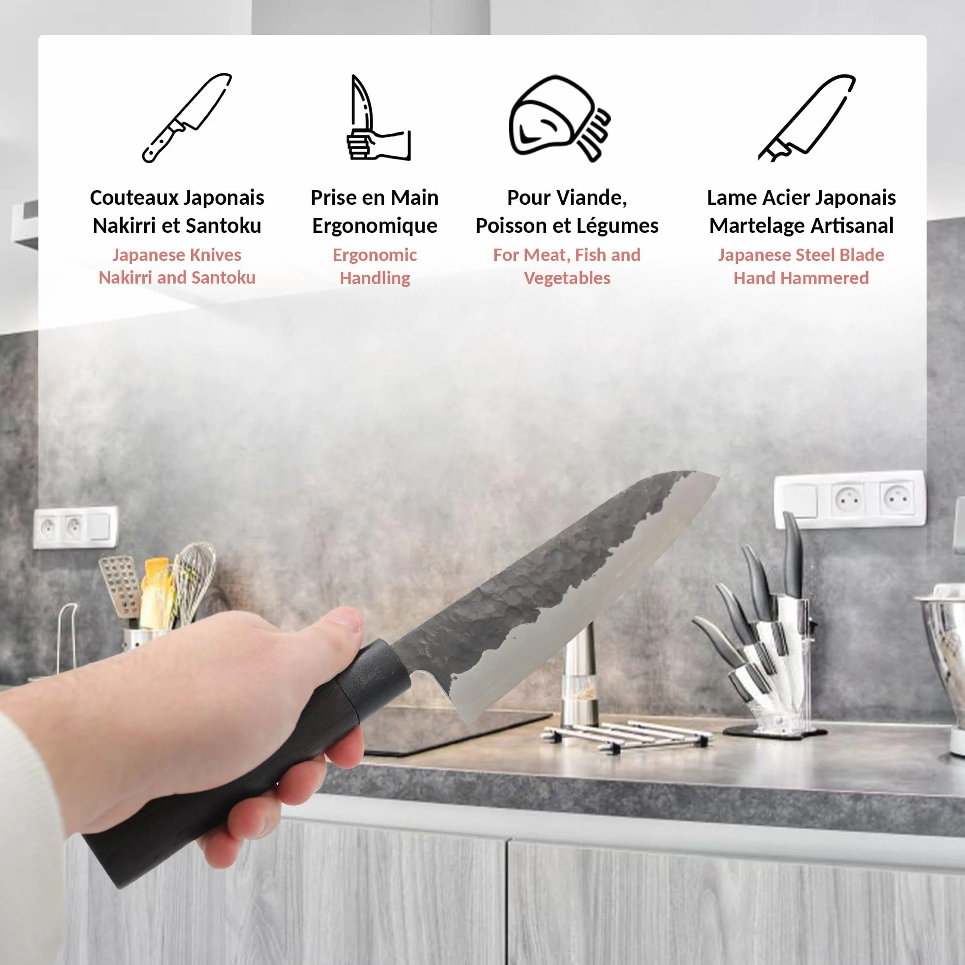 Fishtec - Coffret couteaux de cuisine haut de gamme - Lames acier japonais - Manches palissandre africain ergonomiques - Boîte cadeau élégante - Idée cadeau pour cuisiniers débutants et