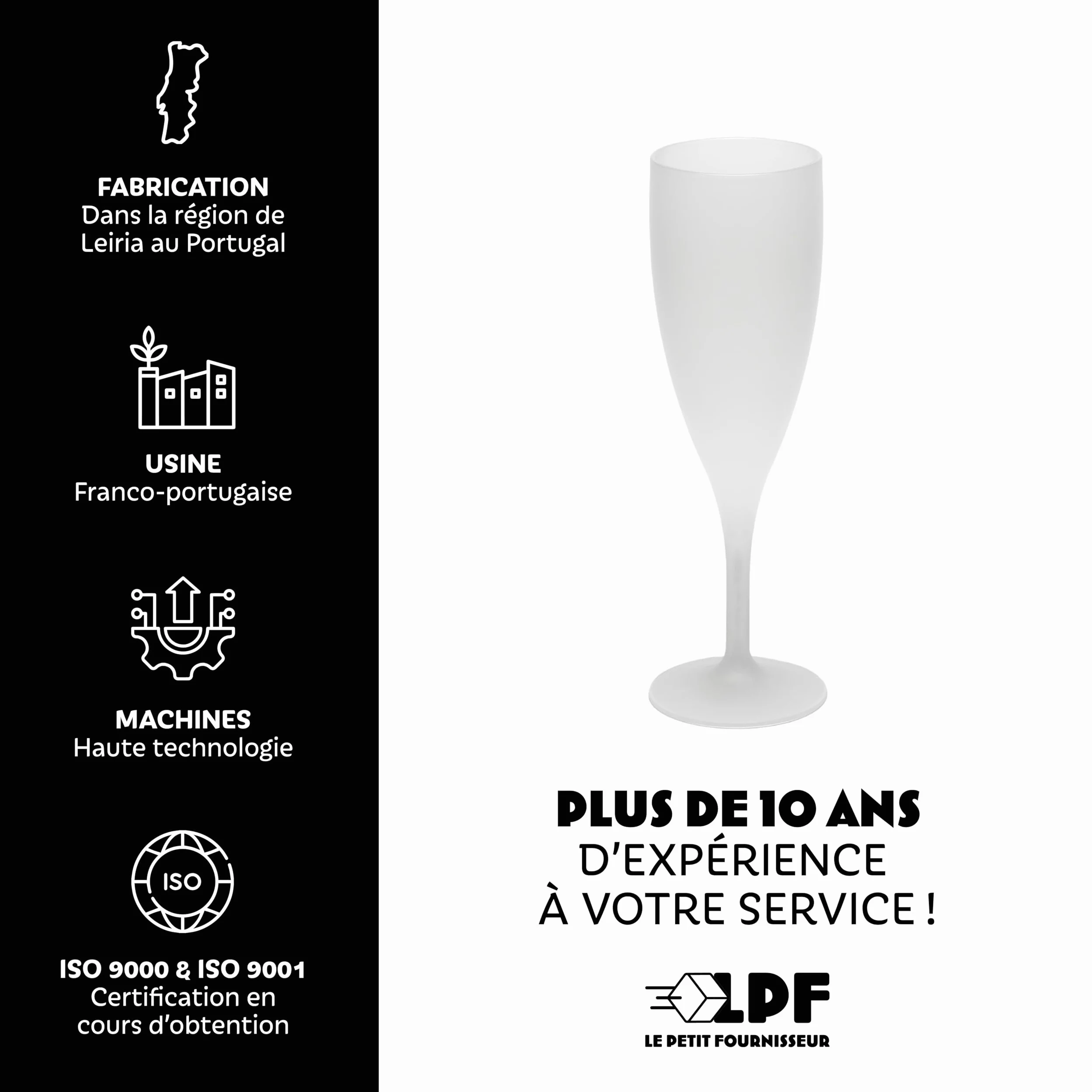 LPF LE PETIT FOURNISSEUR - Lot de 50 Flûtes à champagne réutilisables 12cl (15cl max) - Polypropylène plastique alimentaire - Verre à champagne durable - Compatible lave-vaisselle - Couleur givrée