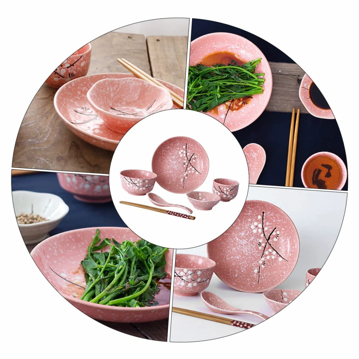 Service de Table Japonerie en Céramique Rose, 12 Pièces pour Maison | Style Délicat, Usage Maison ou Restaurant, Ensemble Unique, Finition Rose, Composition Céramique
