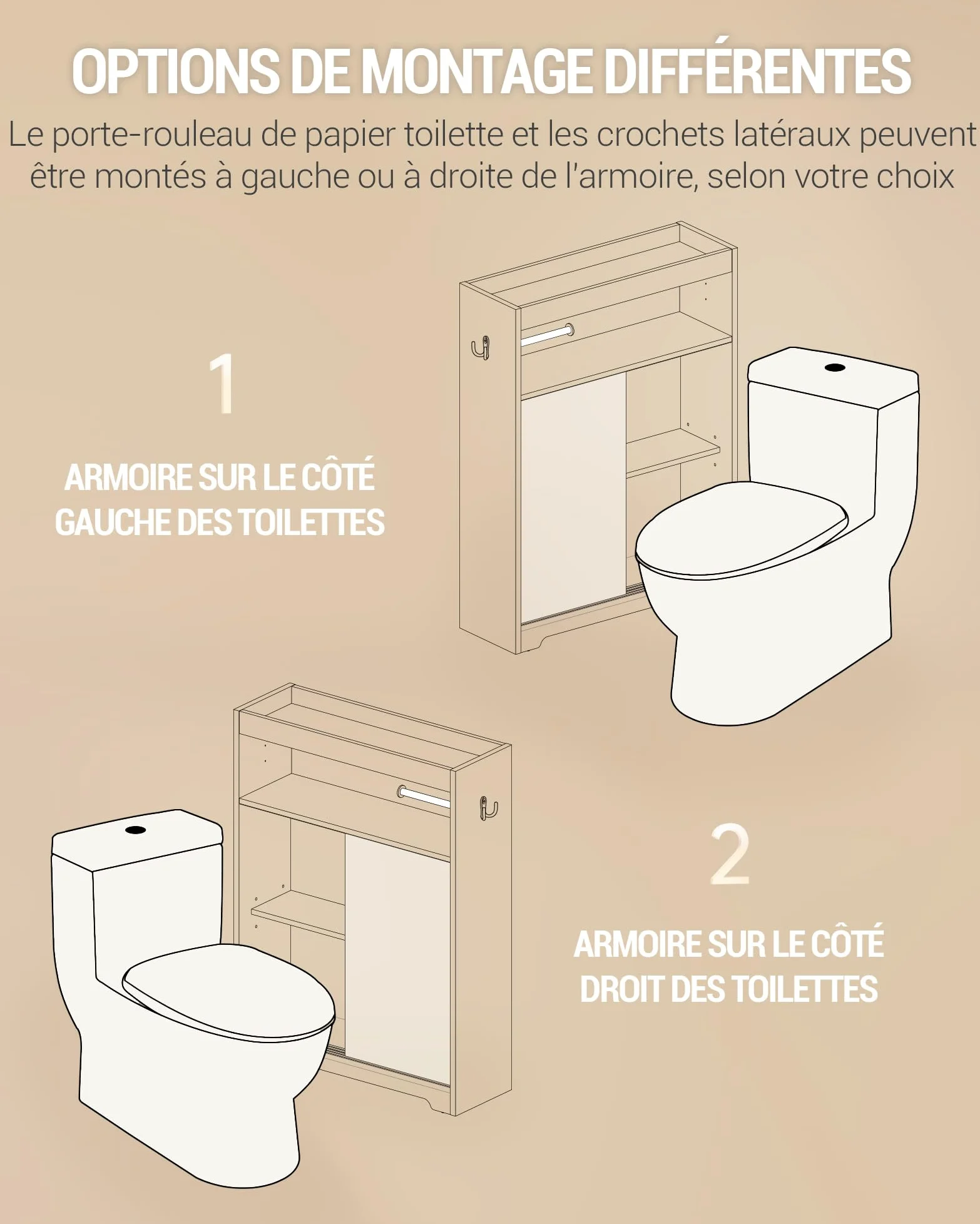 Hzuaneri Meuble de Salle de Bain, Meuble Toilette avec Rangement Papier Toilette et Crochets, Portes Coulissantes, Étagère Réglable, 20 x 60 x 80 cm, Blanc BC62813X
