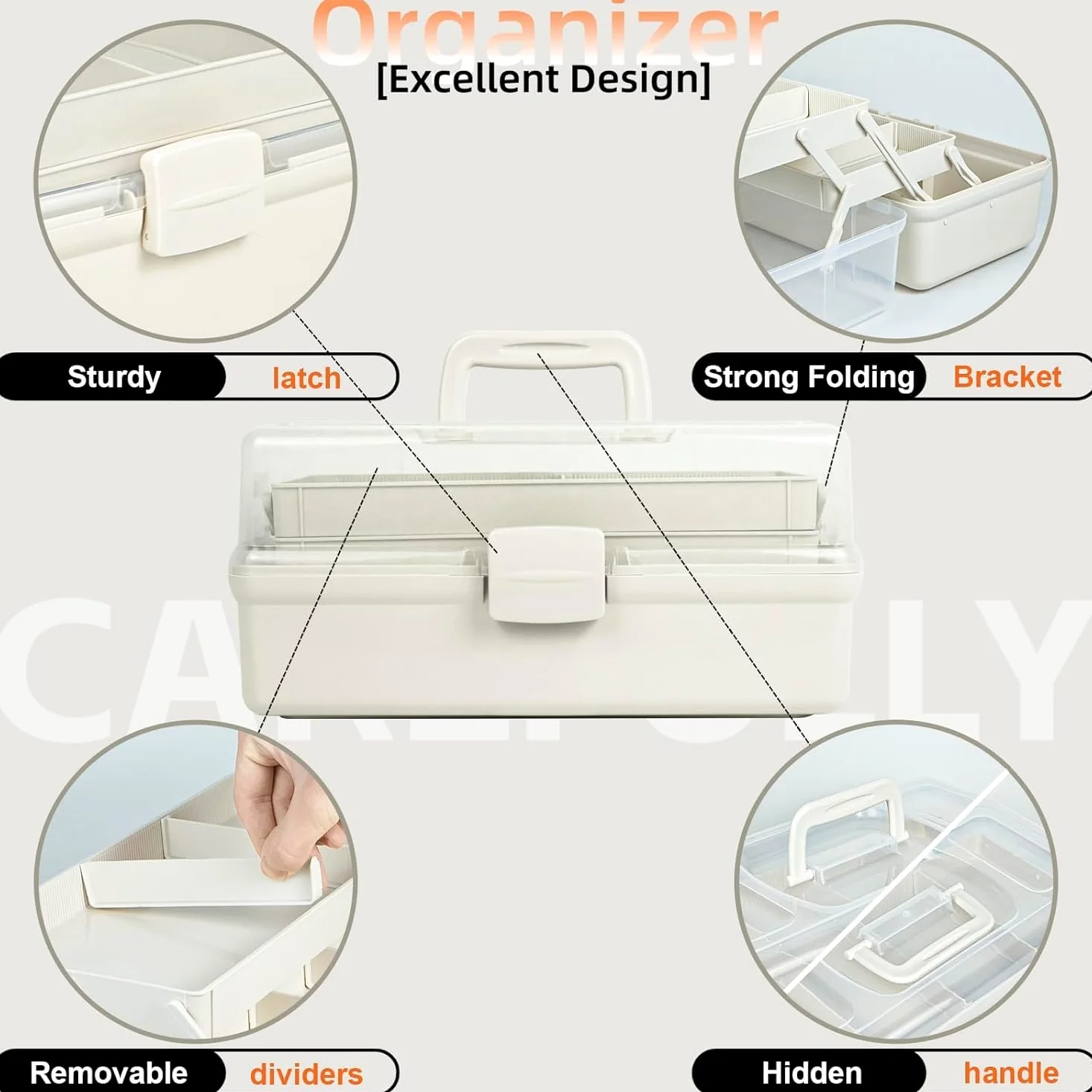 Organisateurs polyvalents à 3 couches avec séparateurs réglables, boîte de rangement portable, étui pliable pour médicaments, outils, couture (blanc, taille L)