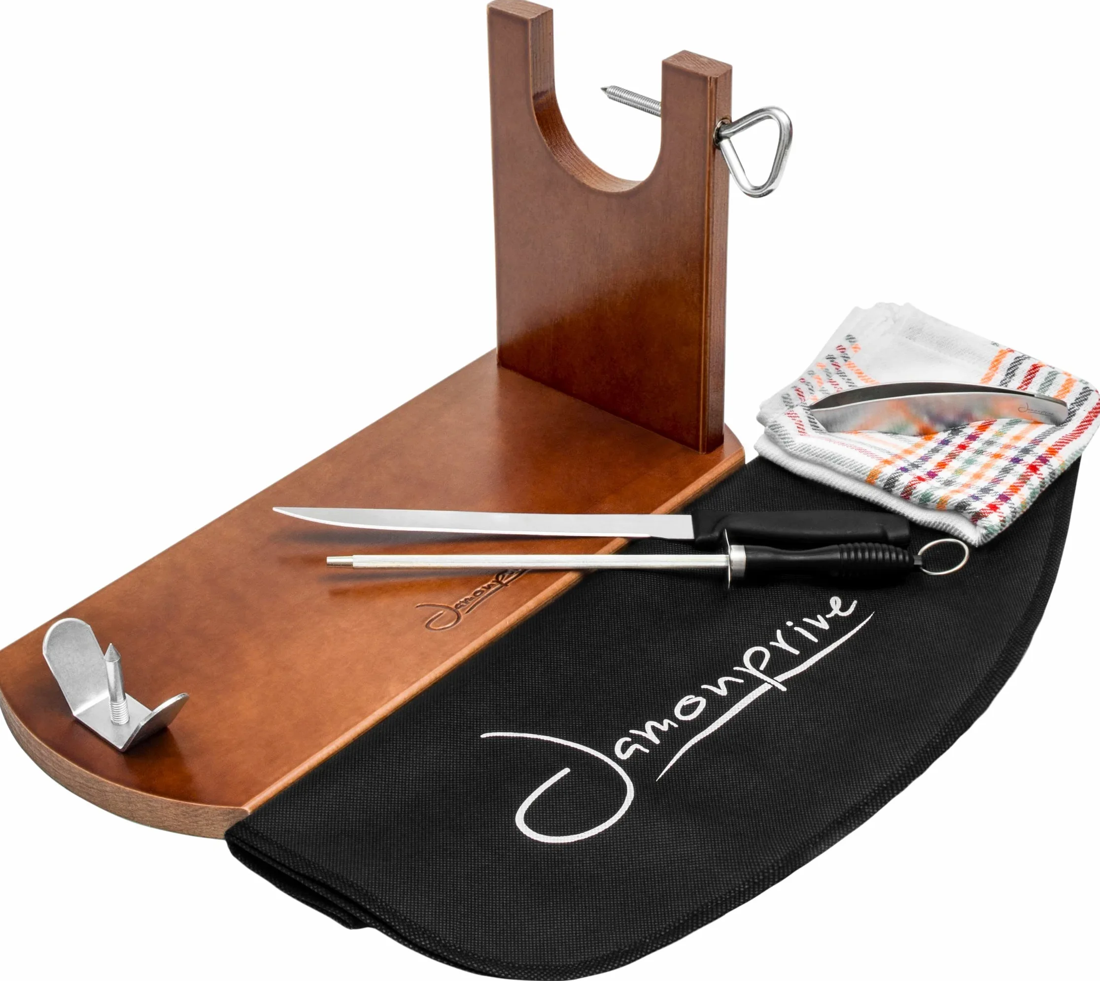 Jamonprive Support à Jambon Professionnel Laqué avec Couteau + Fusil à Aiguiser + Couvre Jambon + Torchon + Pinces - Porte-Jambon Idéal pour le Jambon Serrano, Ibérique et le Prosciutto