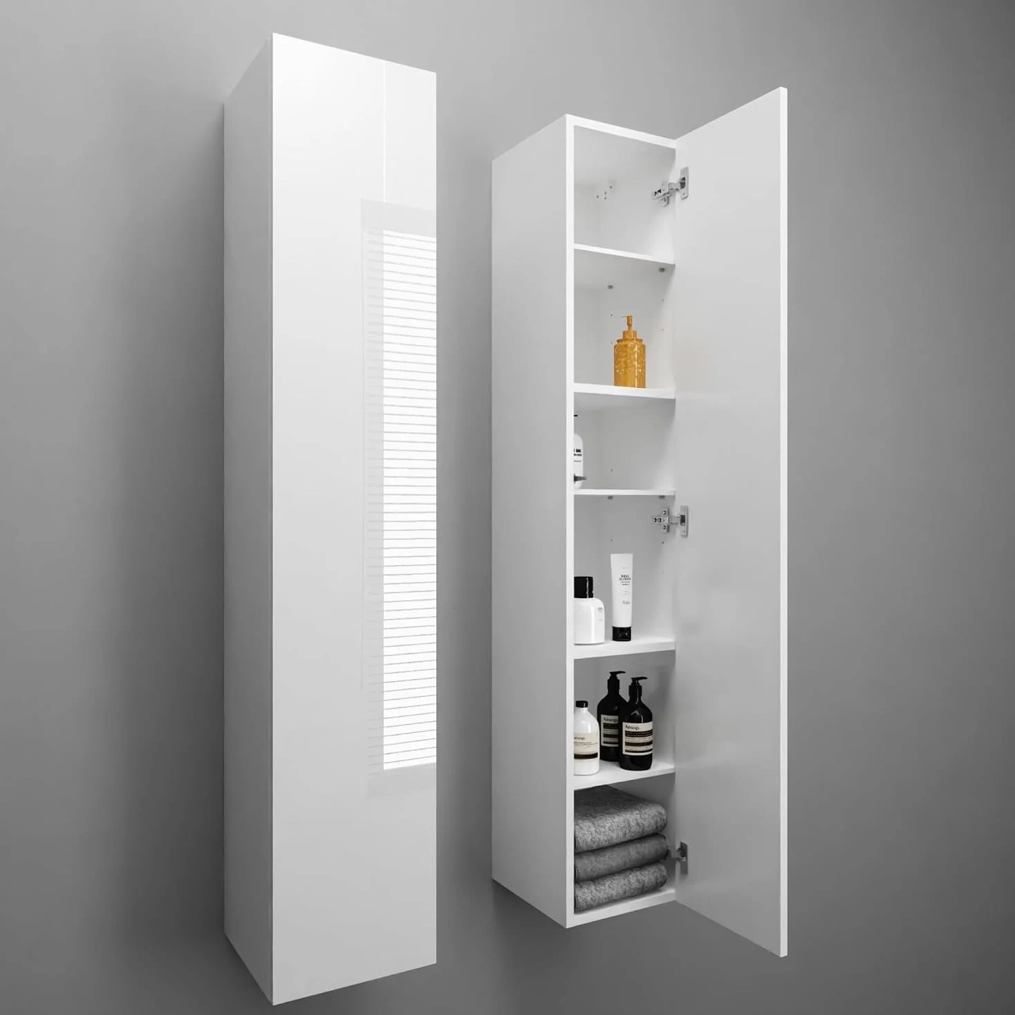 Armoire de Salle de Bain - Meuble Mural Pliable - Ouverture télescopique - Porte à Droite/Gauche - Blanc Mat/Blanc Brillant - Dimensions : 160 x 30 x 30 cm