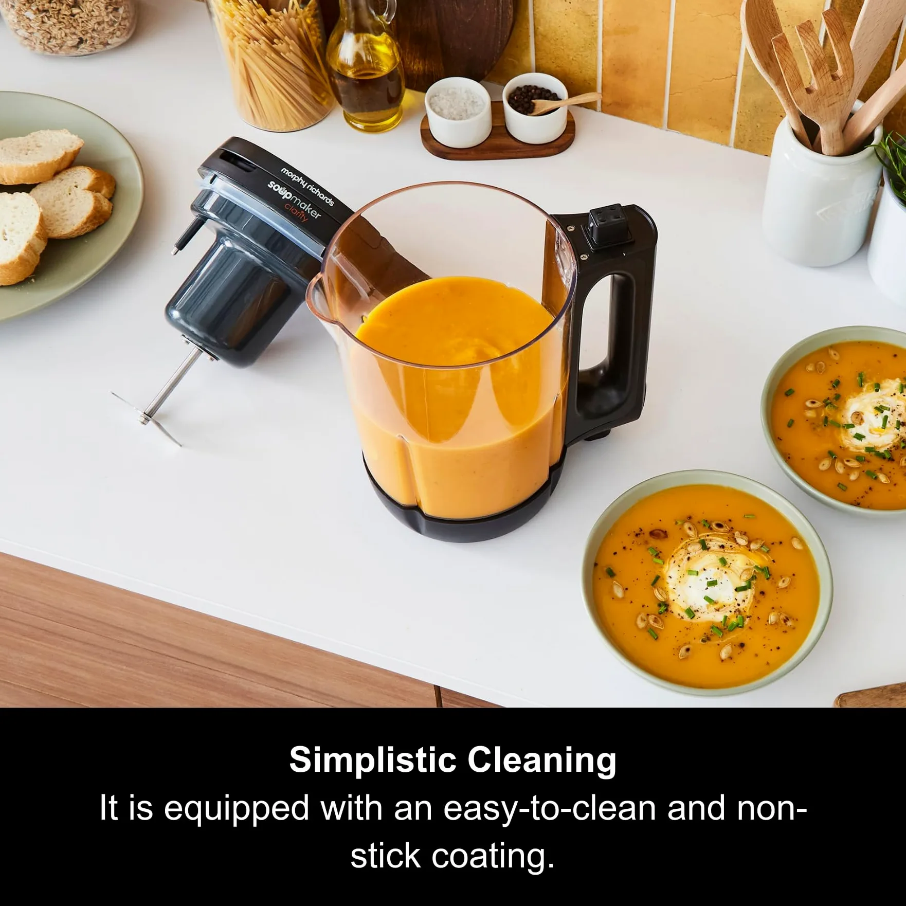 Morphy Richards Machine à soupe Clarity de 1,6 L, contrôle des portions, 9 réglages caractéristiques, technologie de réponse intelligente, garde au chaud, machine à soupe et smoothie, blanc et noir,