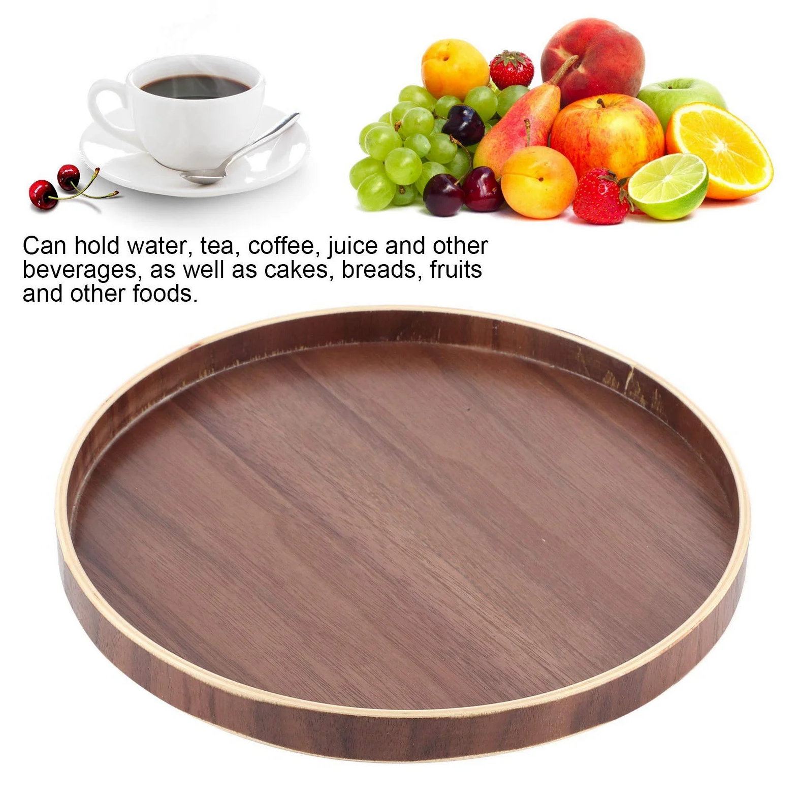Plateau de service rond en bois de style japonais – 24 cm couleur noyer – Respectueux de l'environnement et sûr pour servir, divertir et décorer la maison