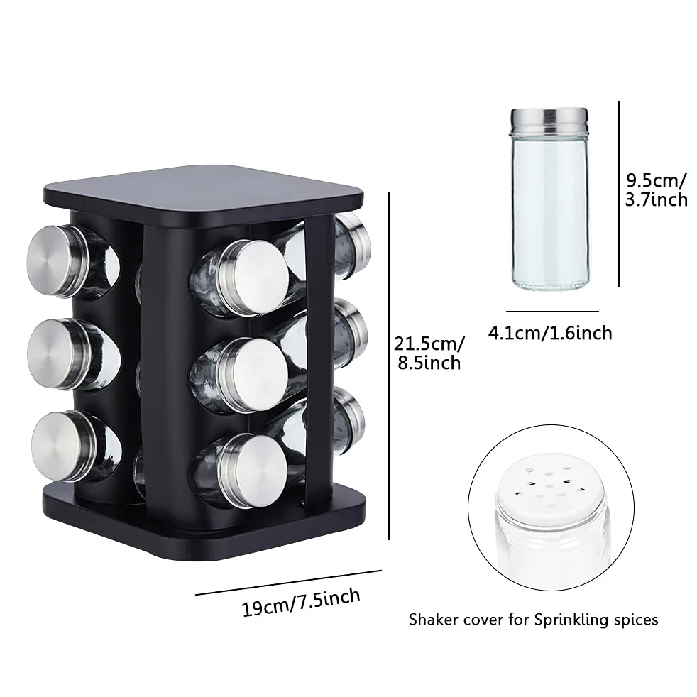 Étagère à épices rotative en acier inoxydable pour 12 pots - Organiseur de comptoir carré - Tour de rangement pour assaisonnements - Pour cuisine - Noir