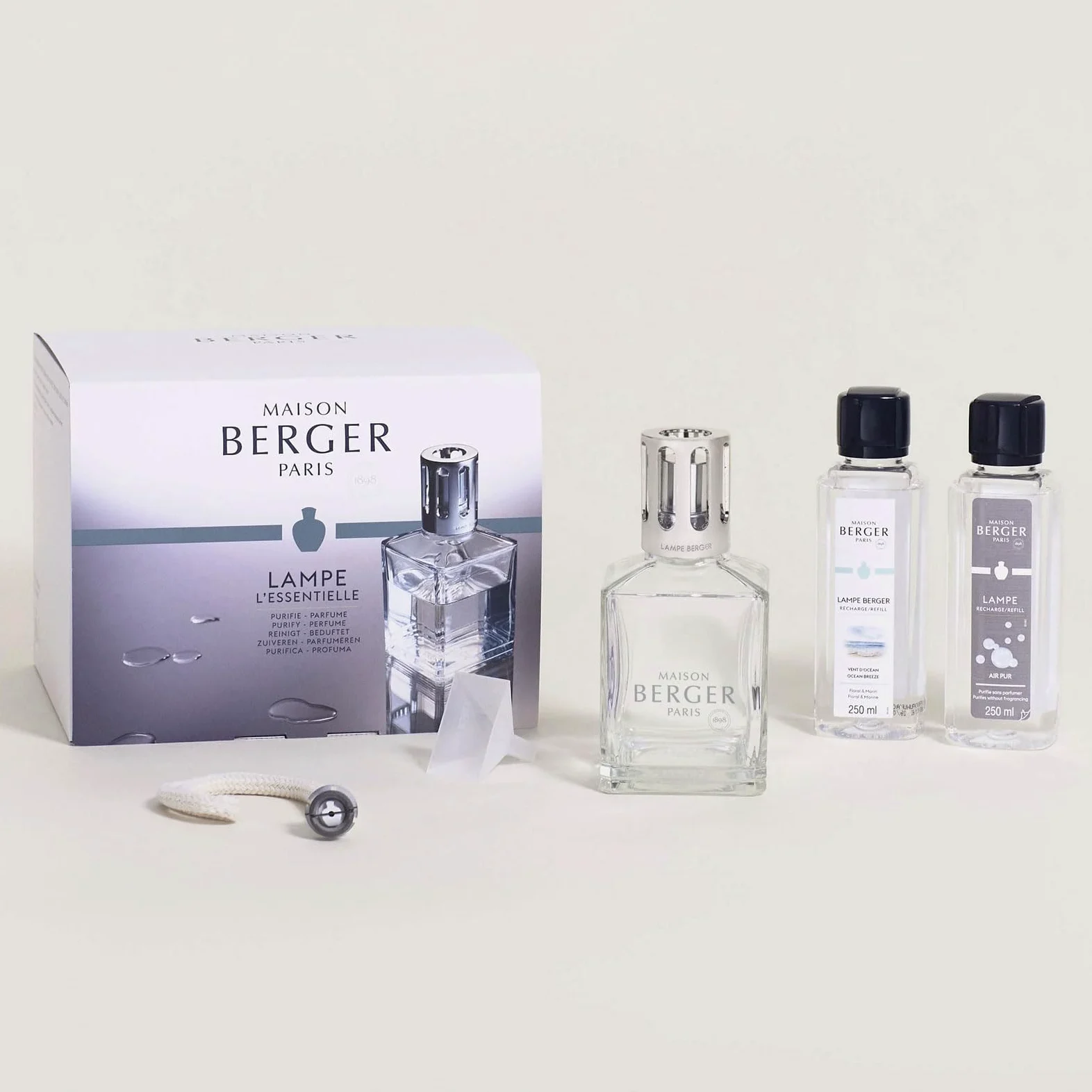 Maison Berger – Coffret Lampe Berger Essentielle Carrée avec 2 Recharges 250 ml Incluses – Air Pur & Vent d’Océan – Lampe à Catalyse - Purifier et Parfumer l’Air – Diffusion Fine et Homogène