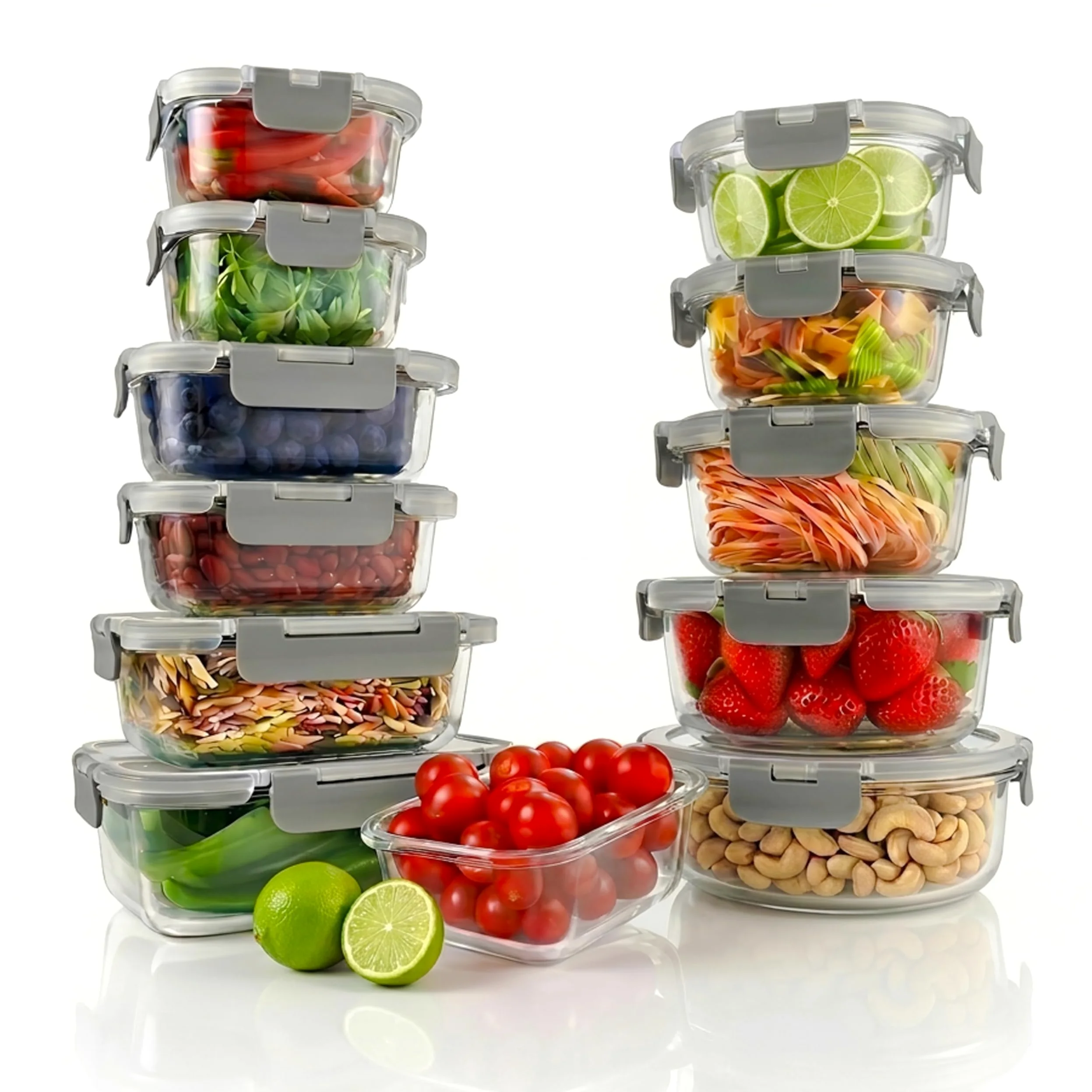 Nutrichef Ensemble de 12 Bocaux en Verre avec Couvercles Hermétiques – Récipients Empilables pour Meal Prep – Boîtes de Rangement Alimentaire en Verre avec Couvercle