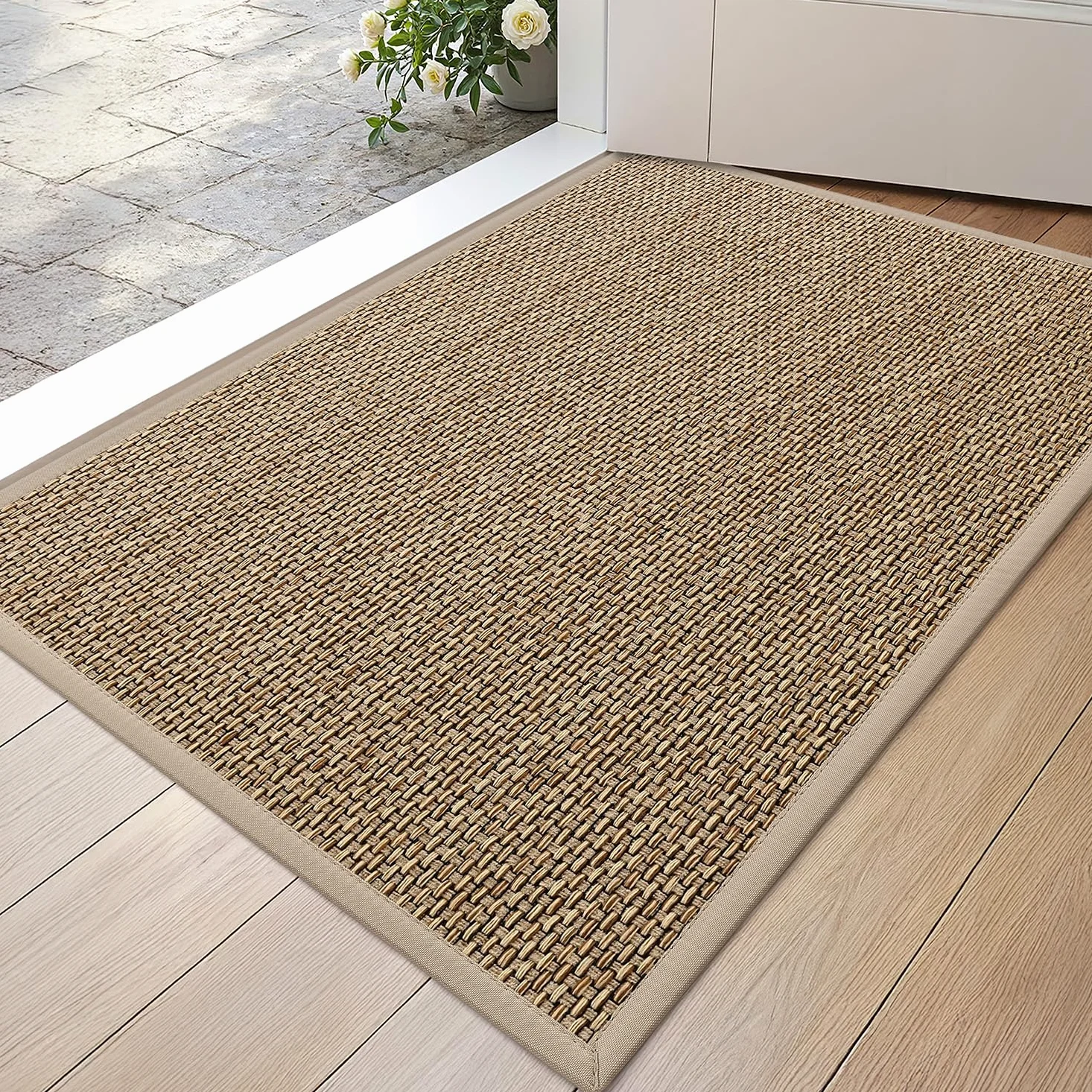 DEXI Paillasson 60 x 90 cm, Tapis d Entrée Intérieur Antidérapant et Absorbant, Profil Bas, Facile à Nettoyer, pour Couloir, Porte, Cuisine, Beige