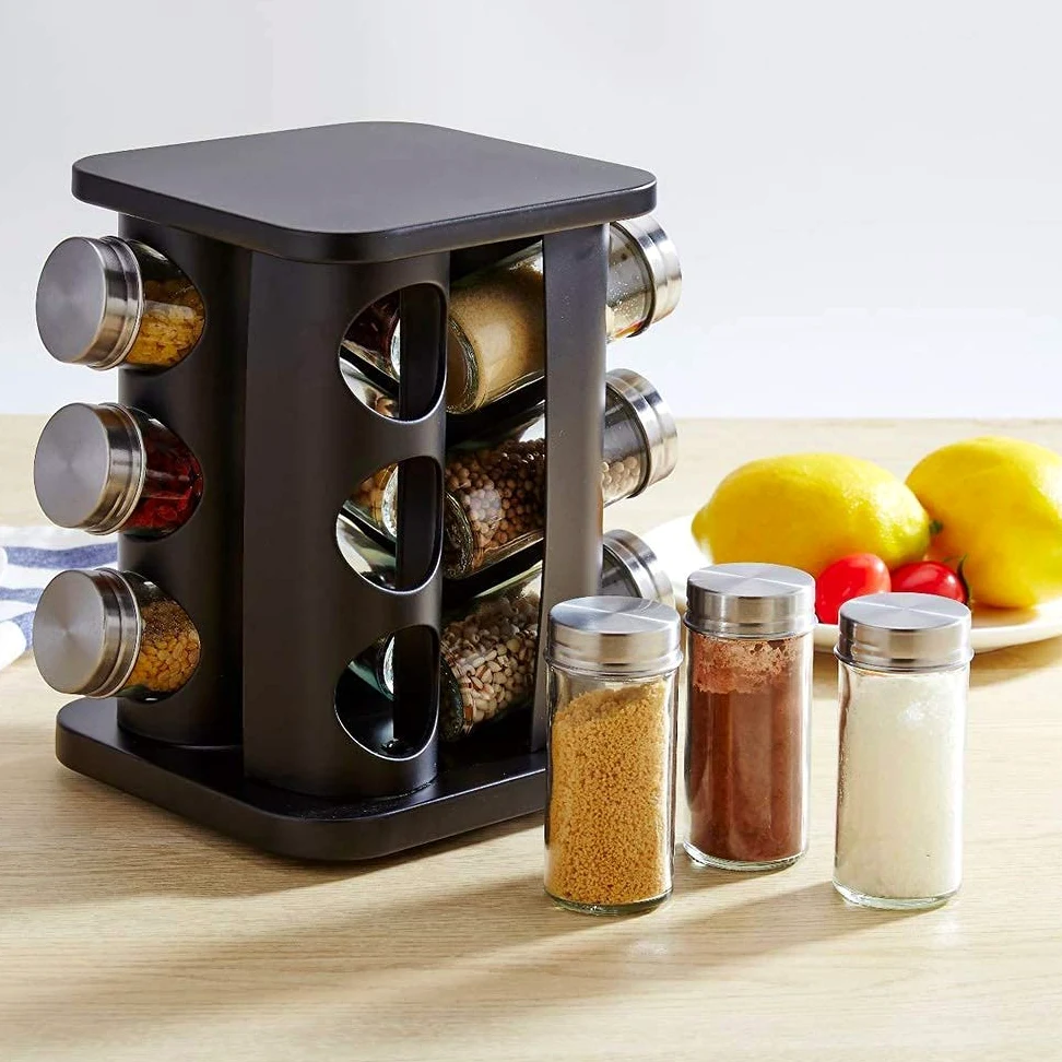 Étagère à épices rotative en acier inoxydable pour 12 pots - Organiseur de comptoir carré - Tour de rangement pour assaisonnements - Pour cuisine - Noir