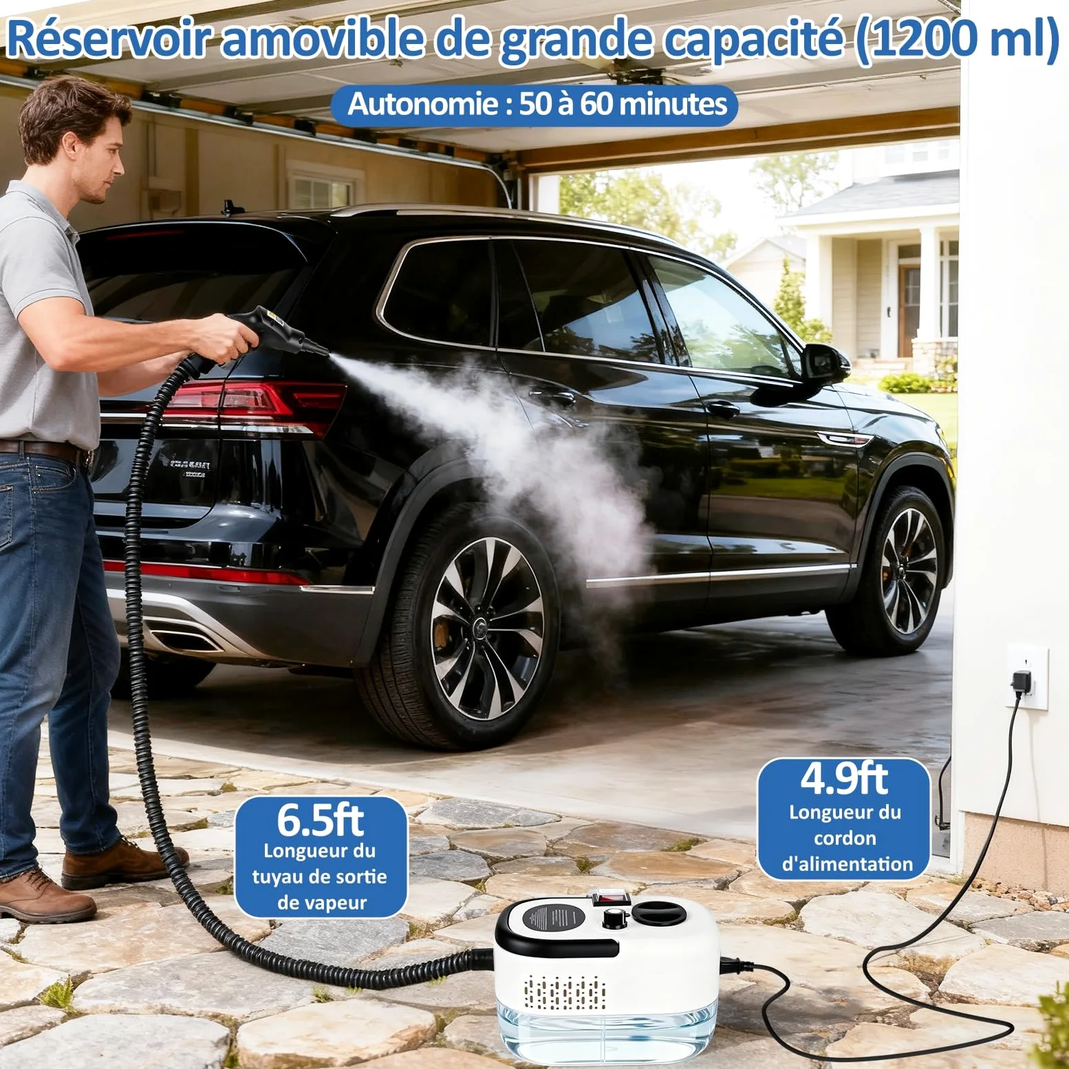 Nettoyeur Vapeur Portable 2500W - 3.5 Bar Pression - 6 Niveaux Réglables - 15s Chauffage Rapide - Réservoir 1200ml - Idéal Voiture, Climatisation, Salle de Bain & Cuisine