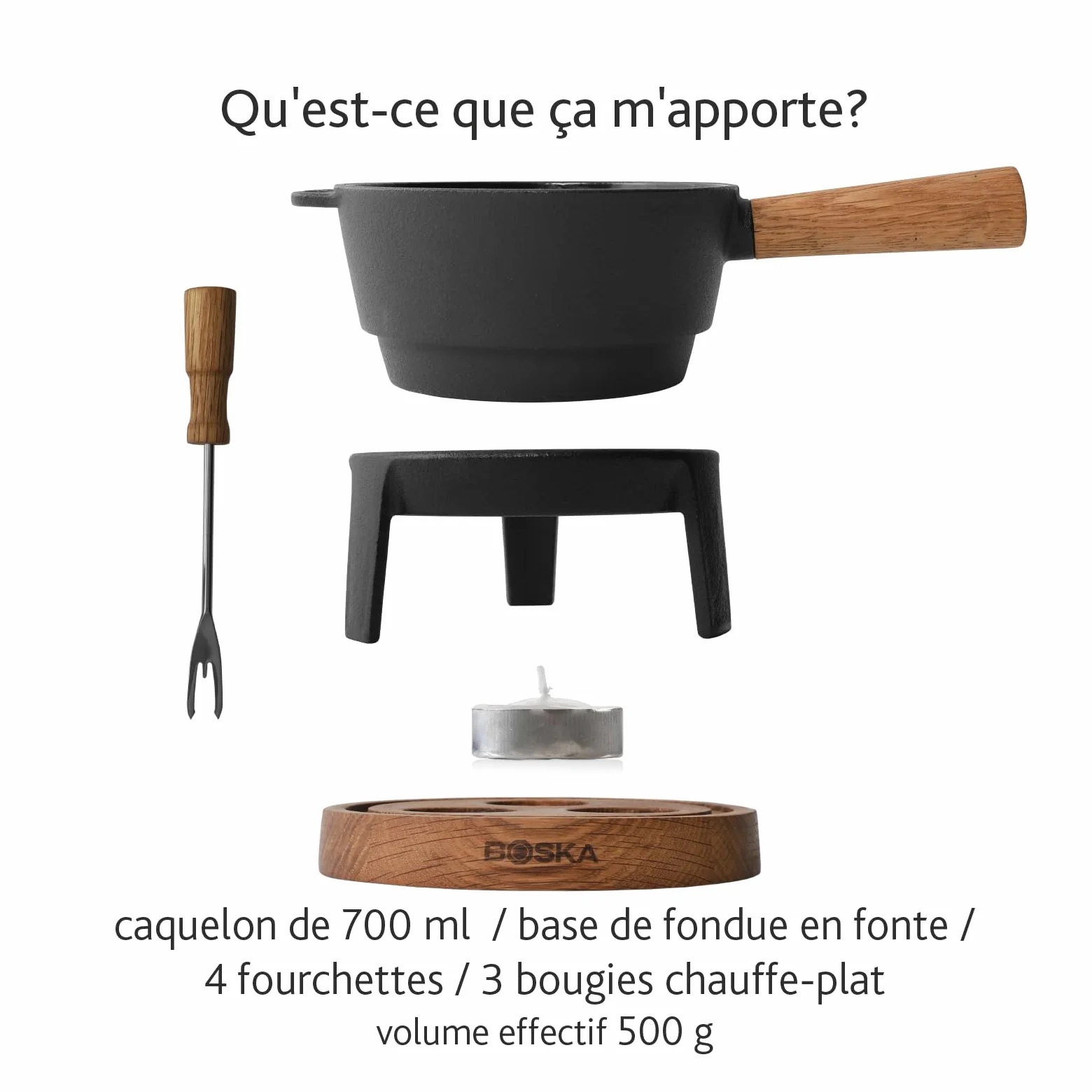 Boska Appareil à fondue Pro S - Fondue - Service à Fondue - Pour 350 gr - Fromage Fondu - inc. Fourchettes - 2 à 4 Personnes - Bois de Chêne & Acier Inoxydable - 700 ml Contenu