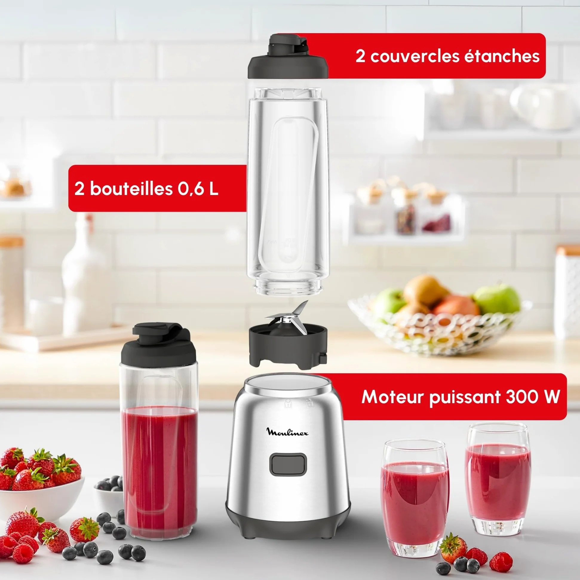 Moulinex Mix & Move Blender mixeur, 300W, Capacité utile 0,6 L, 2 bouteilles à emporter en Tritan, Compact, Ergonomique, Lames amovibles LM15FD10, Métal