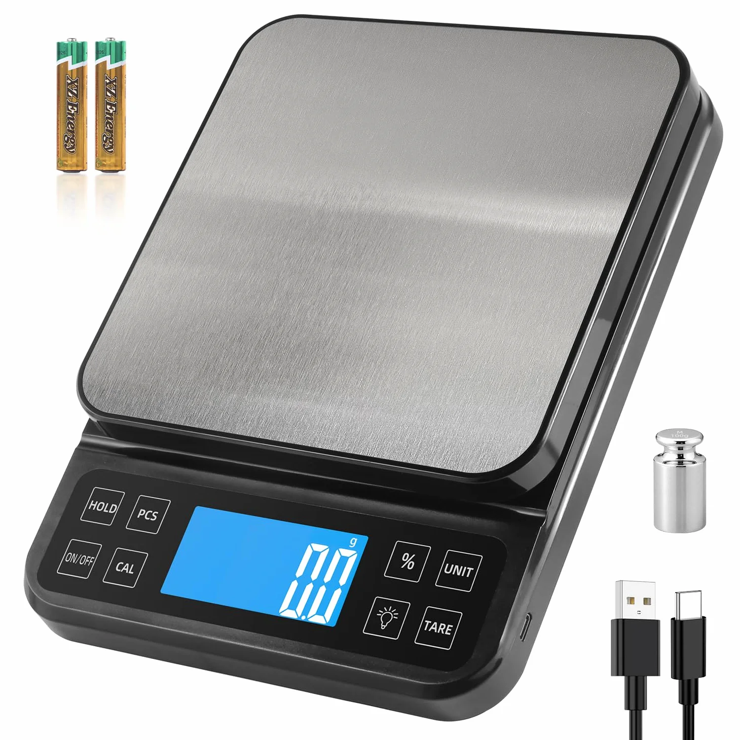BOMATA Balance de cuisine grande taille, précision de 0,1 g, balance de boulangerie de 5 kg fonction pourcentage, rechargeable par USB, écran LCD à angle complet avec rétroéclairage, Noir et Argent