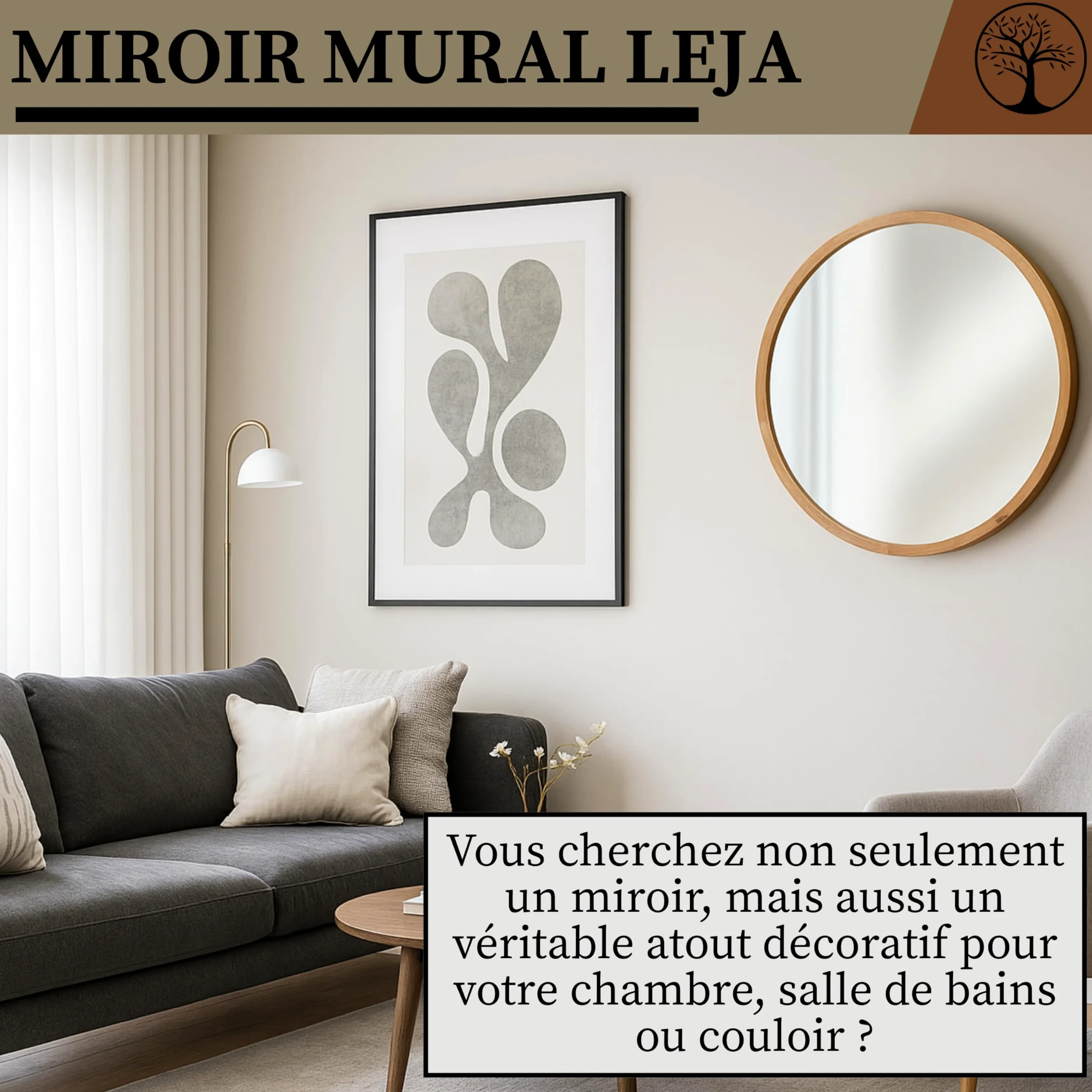LEJA – Miroir Mural Rond, Cadre en Bois (∅80 cm), chêne – pour Salle de Bain, entrée, Salon, Chambre