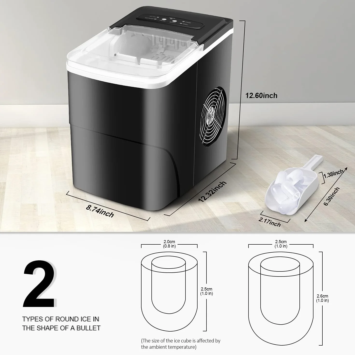 Machine à Glaçons, 12kg en 24h, 9 Glaçons en 6-8 Minutes, Automatique Compact Portable Machine à Glacons, pour la Maison/Cuisine/Bar